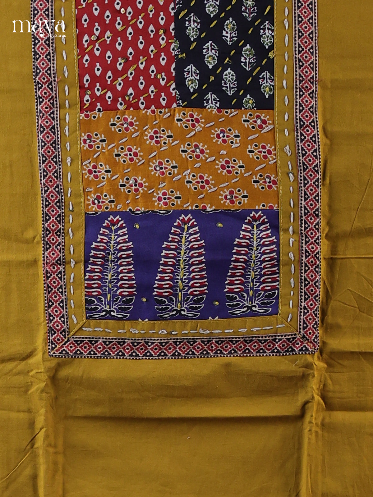 Bright Mustardy Green & Black Unstitched Ajrakh Salwar kantha stitch neck yoke