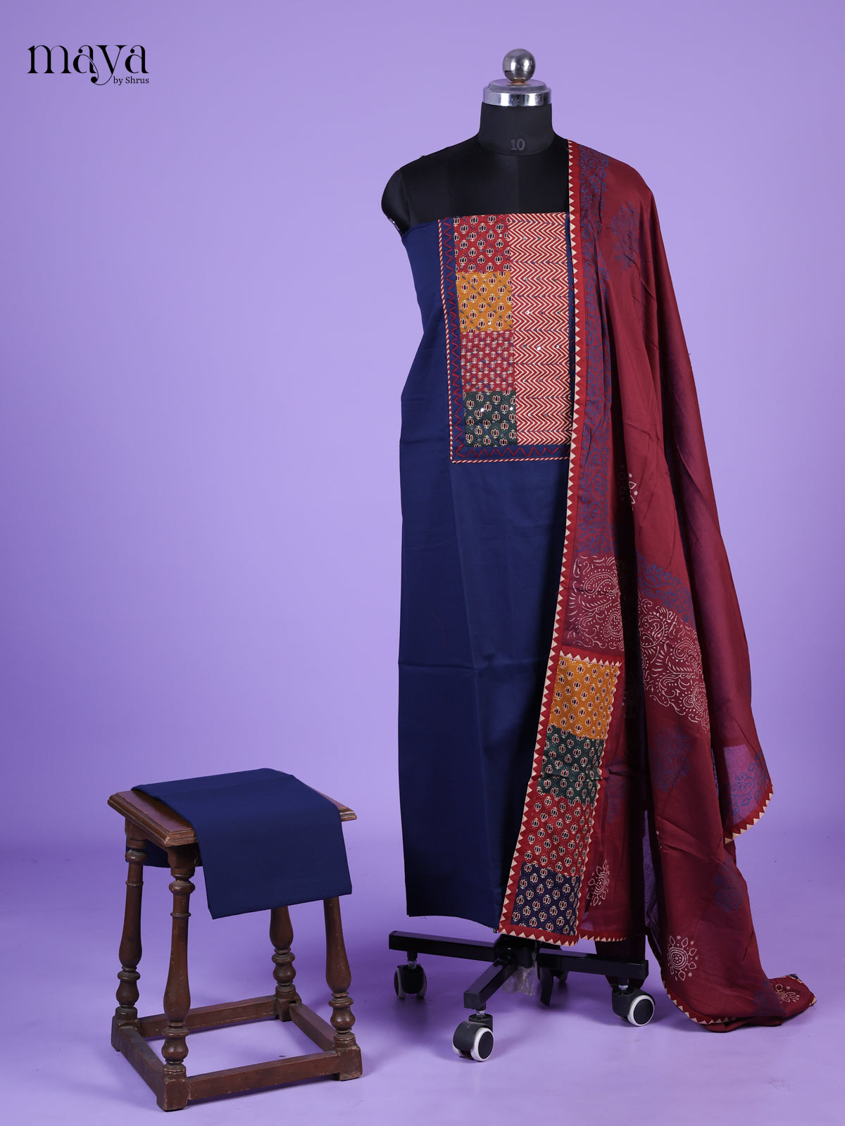 Pretty Blue & Maroon Unstitched Ajrakh Salwar with ajrakh printed neck yoke