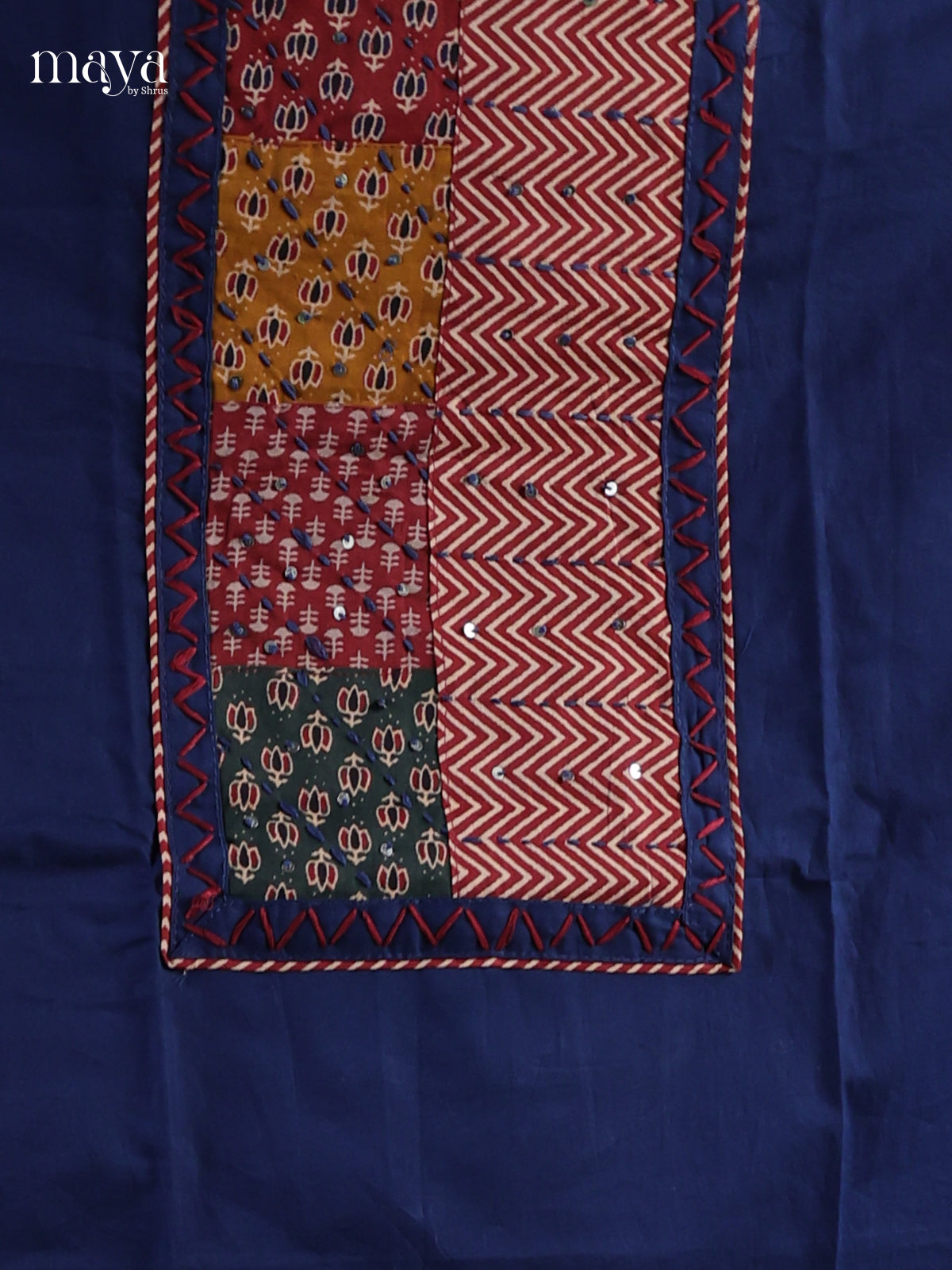 Pretty Blue & Maroon Unstitched Ajrakh Salwar with ajrakh printed neck yoke