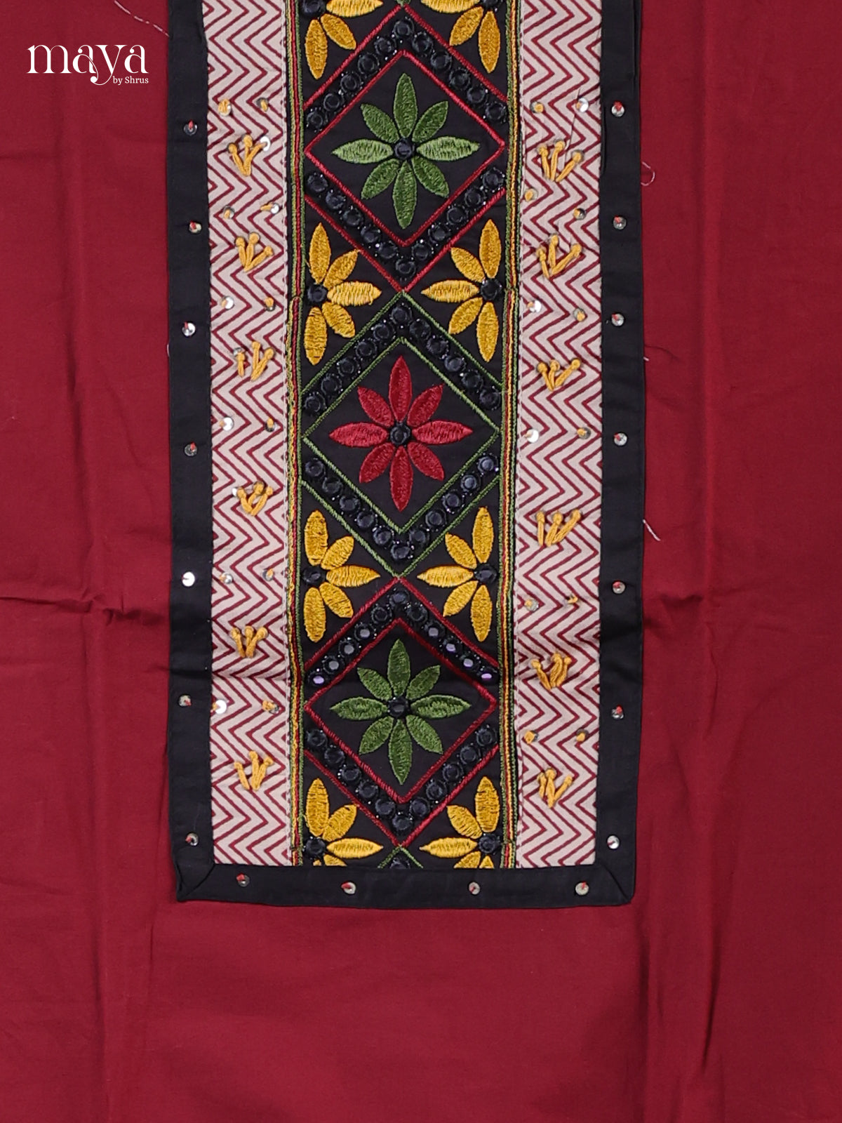 Classy Maroon & Black Unstitched Ajrakh Salwar with embroidered neck yoke