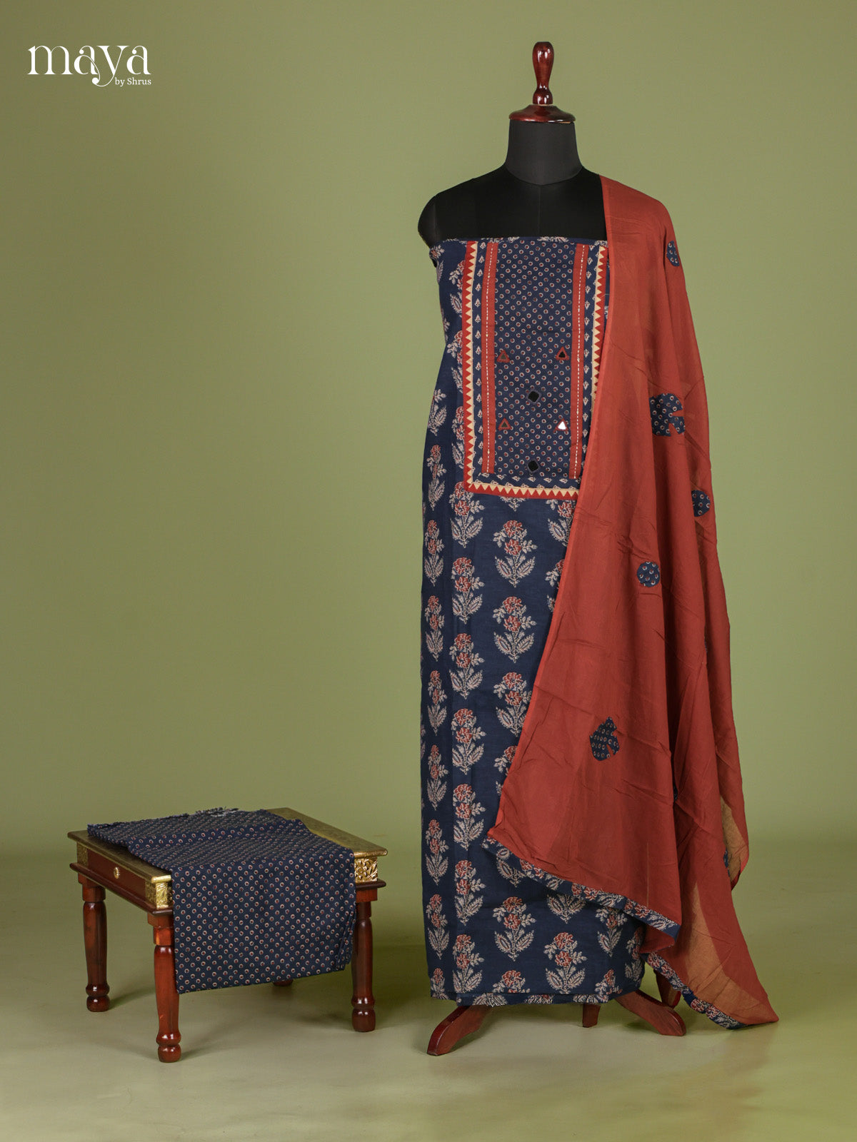 Pretty Blue & Maroon Unstitched Ajrakh Salwar with neck yoke , floral print