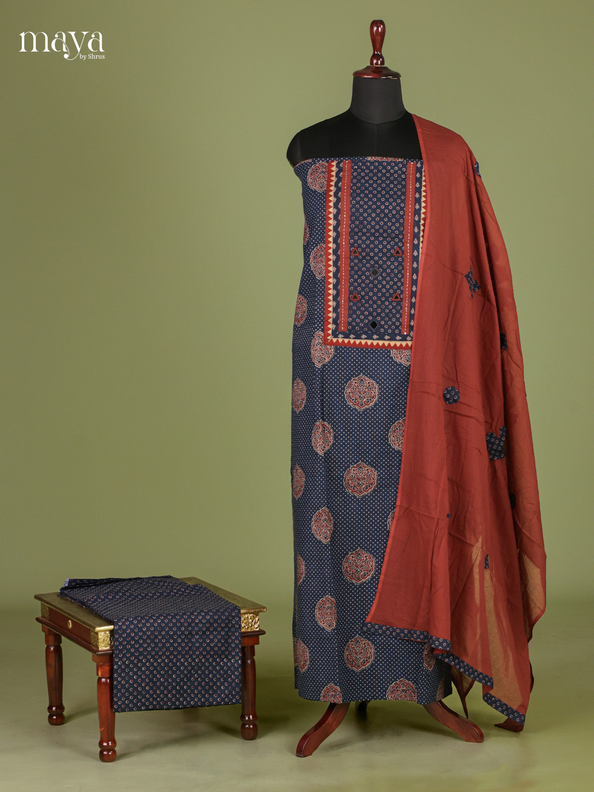Vibrant Blue & Red  Unstitched Ajrakh Salwar with ajrakh floral prints