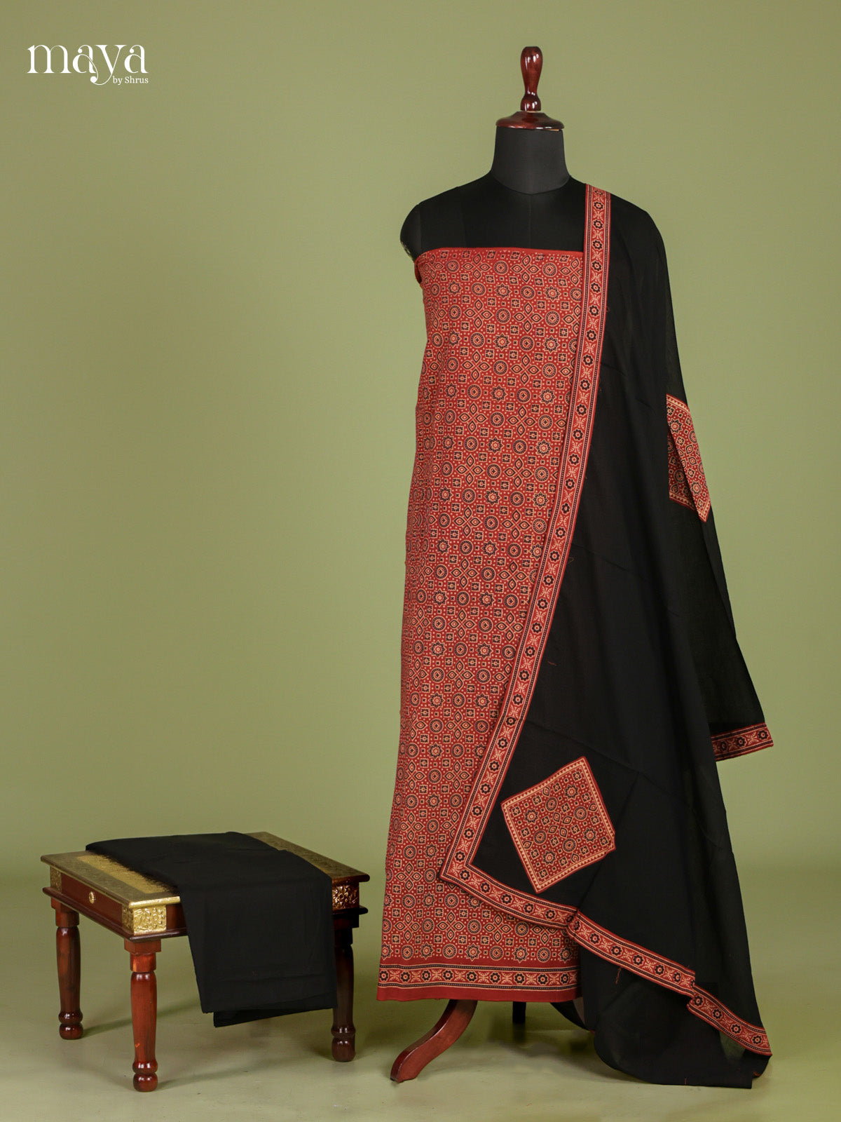 Classy Maroon & Black  Unstitched Ajrakh Salwar with floral block print