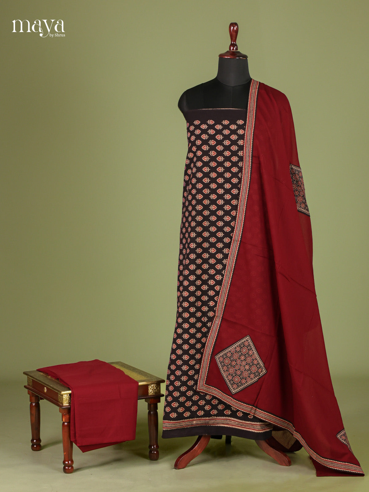 Beautiful Black  Unstitched Ajrakh Salwar with floral prints & Maroon patch work dupatta