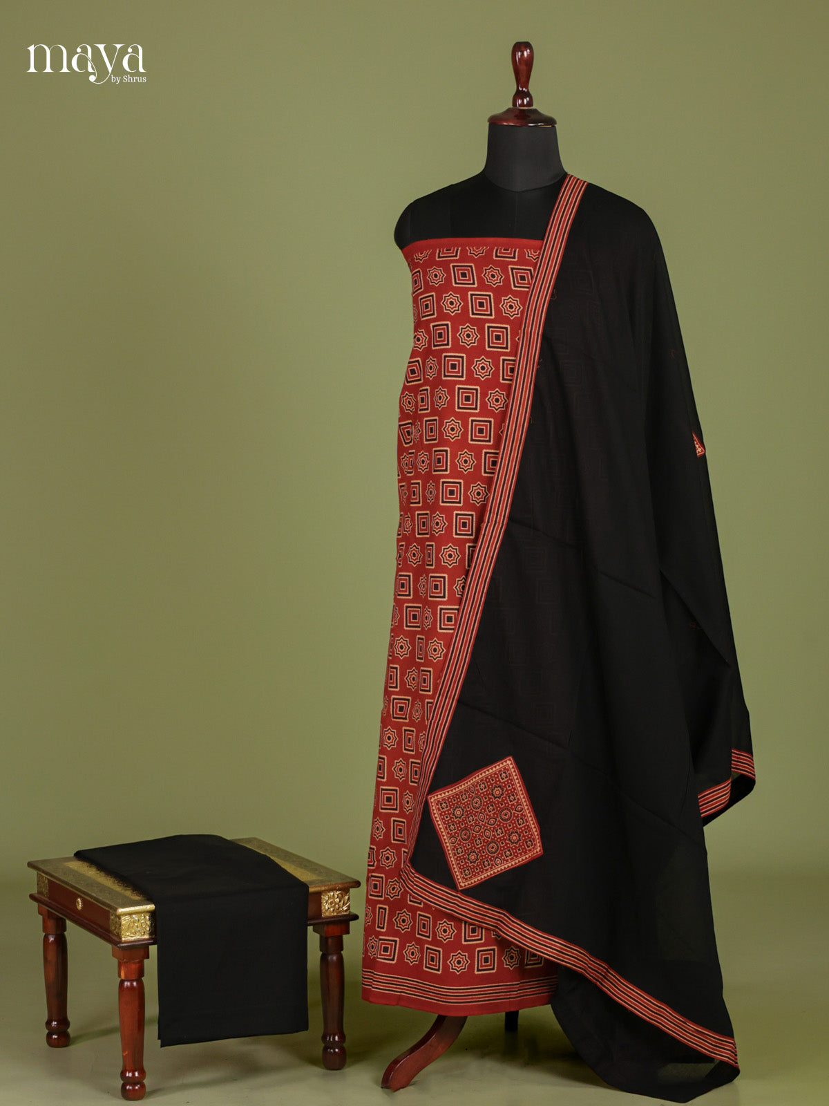Bright Red & Black Unstitched Ajrakh Salwar with geometric pattern