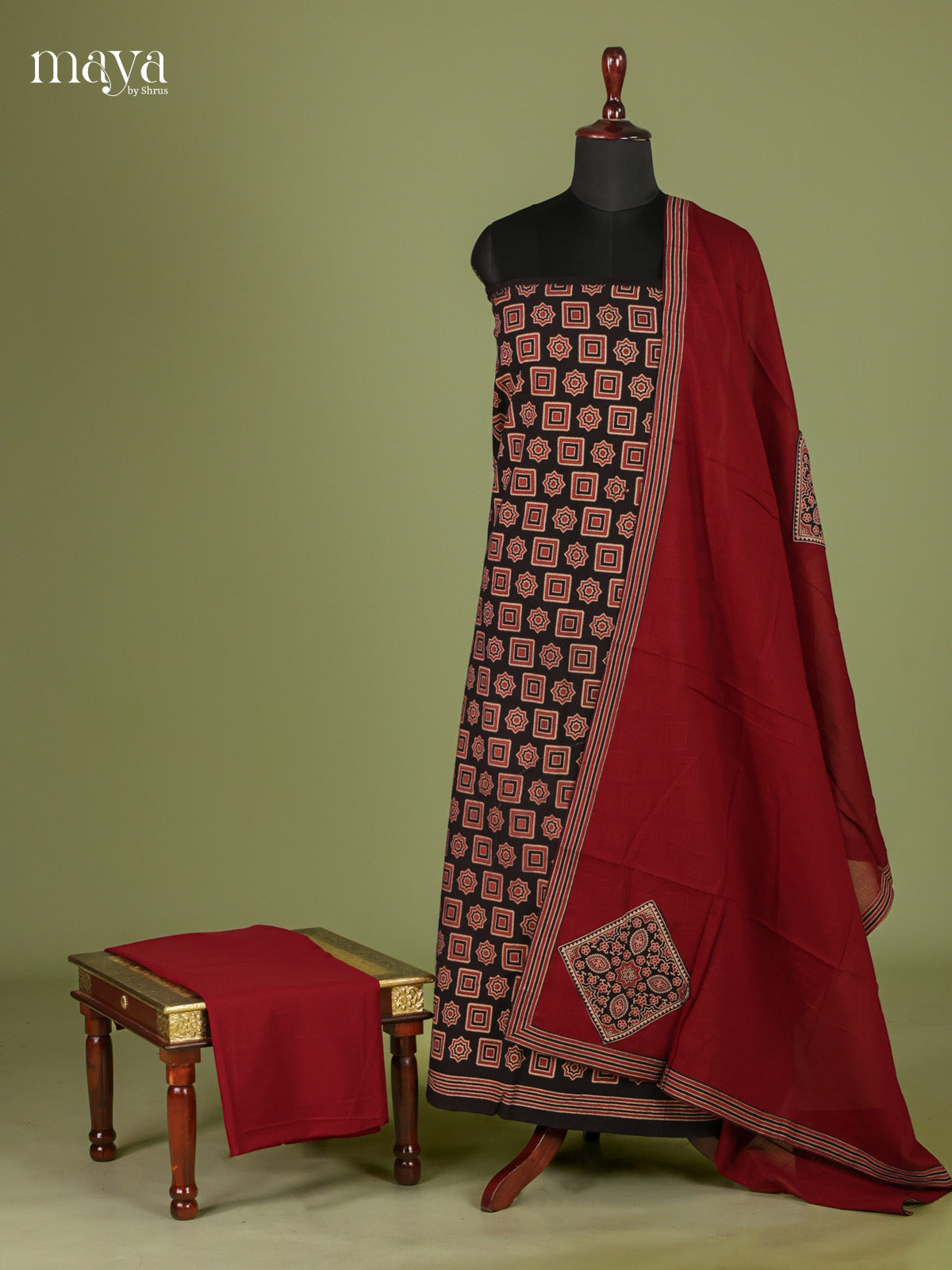 Pretty Black & Maroon Unstitched Ajrakh Salwar with patch work dupatta
