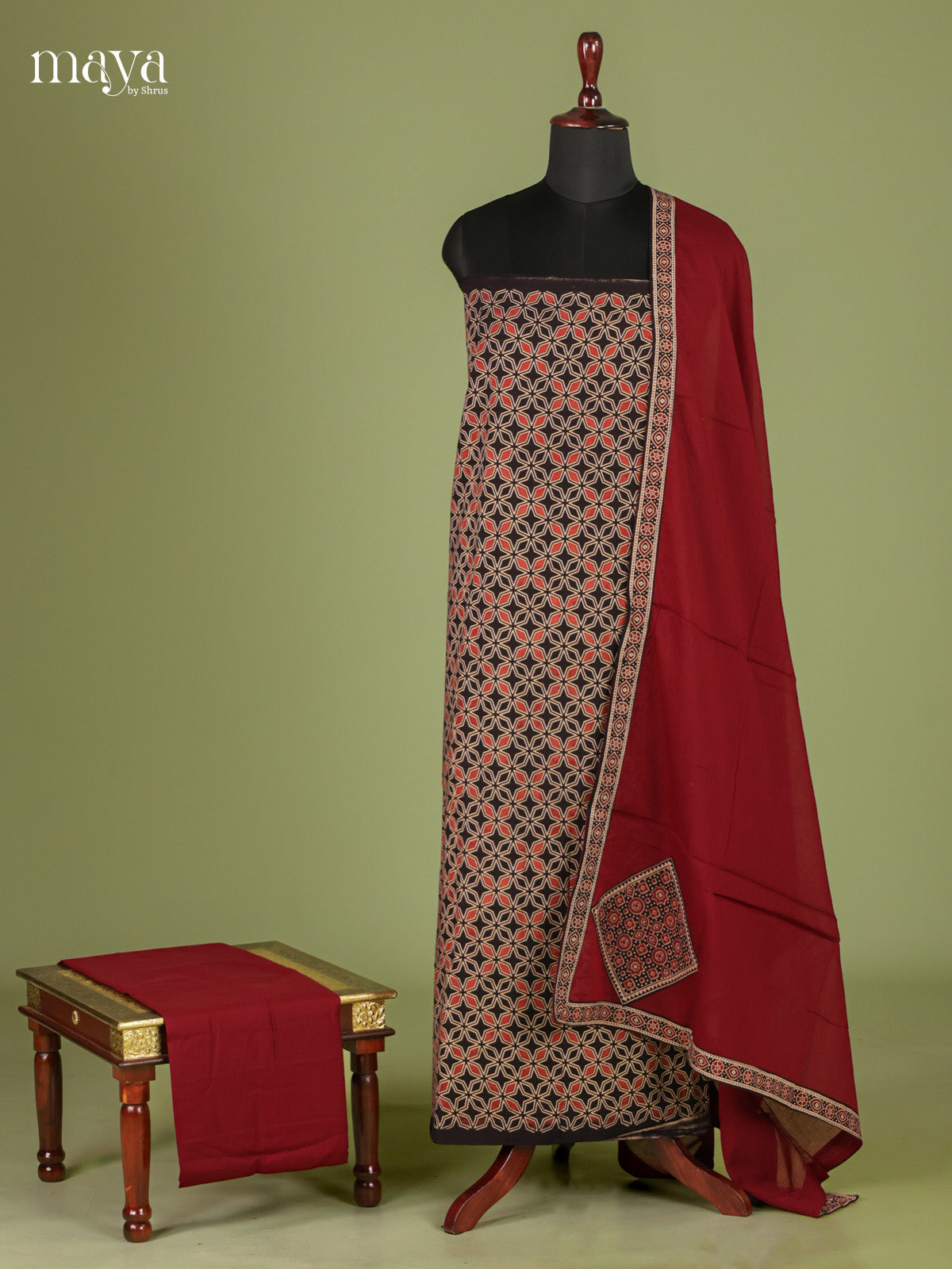 Graceful Black & Maroon Unstitched Ajrakh Salwar with patch work dupatta