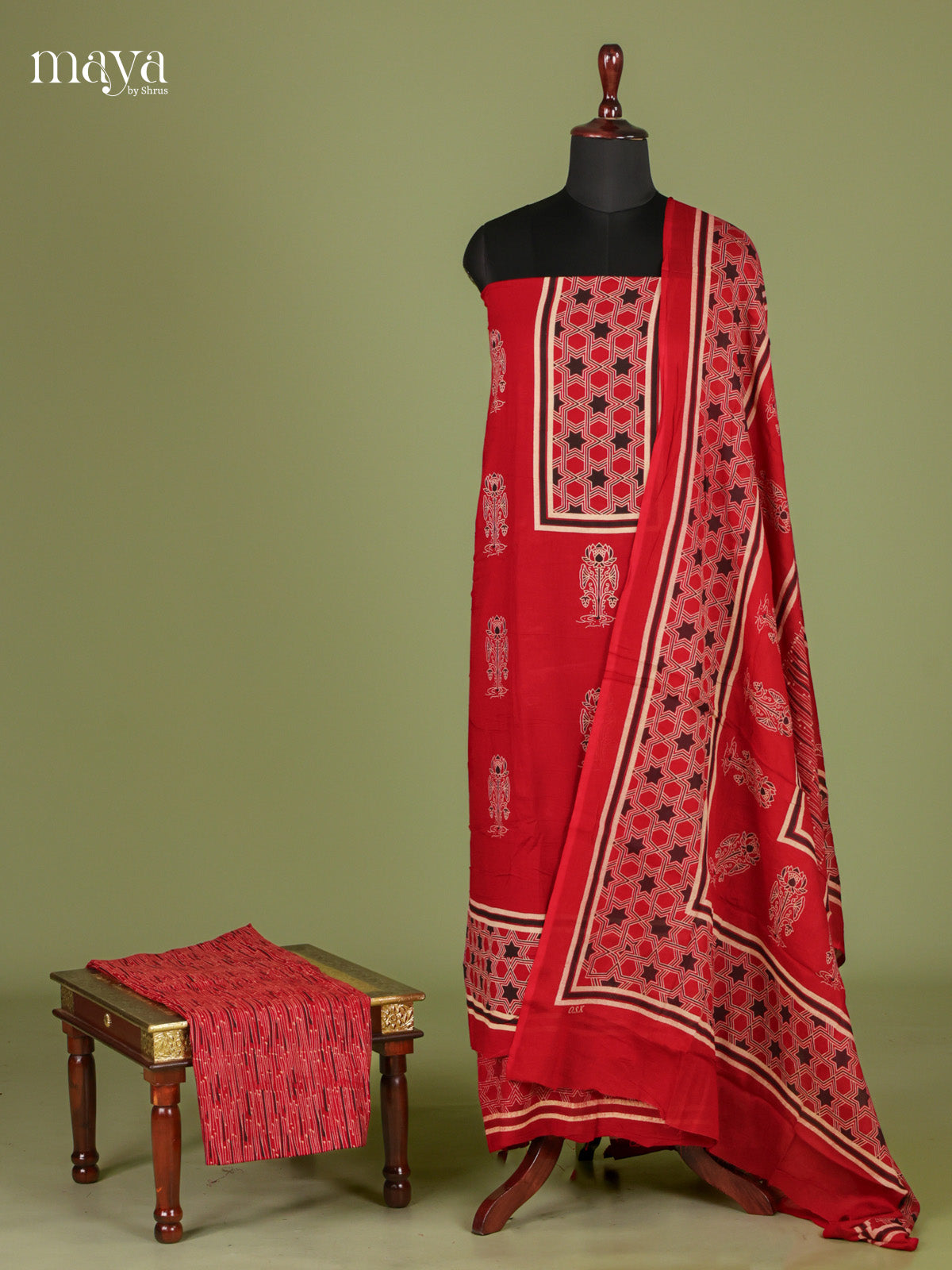 Bright Red Unstitched Ajrakh Salwar with floral block print , neck yoke