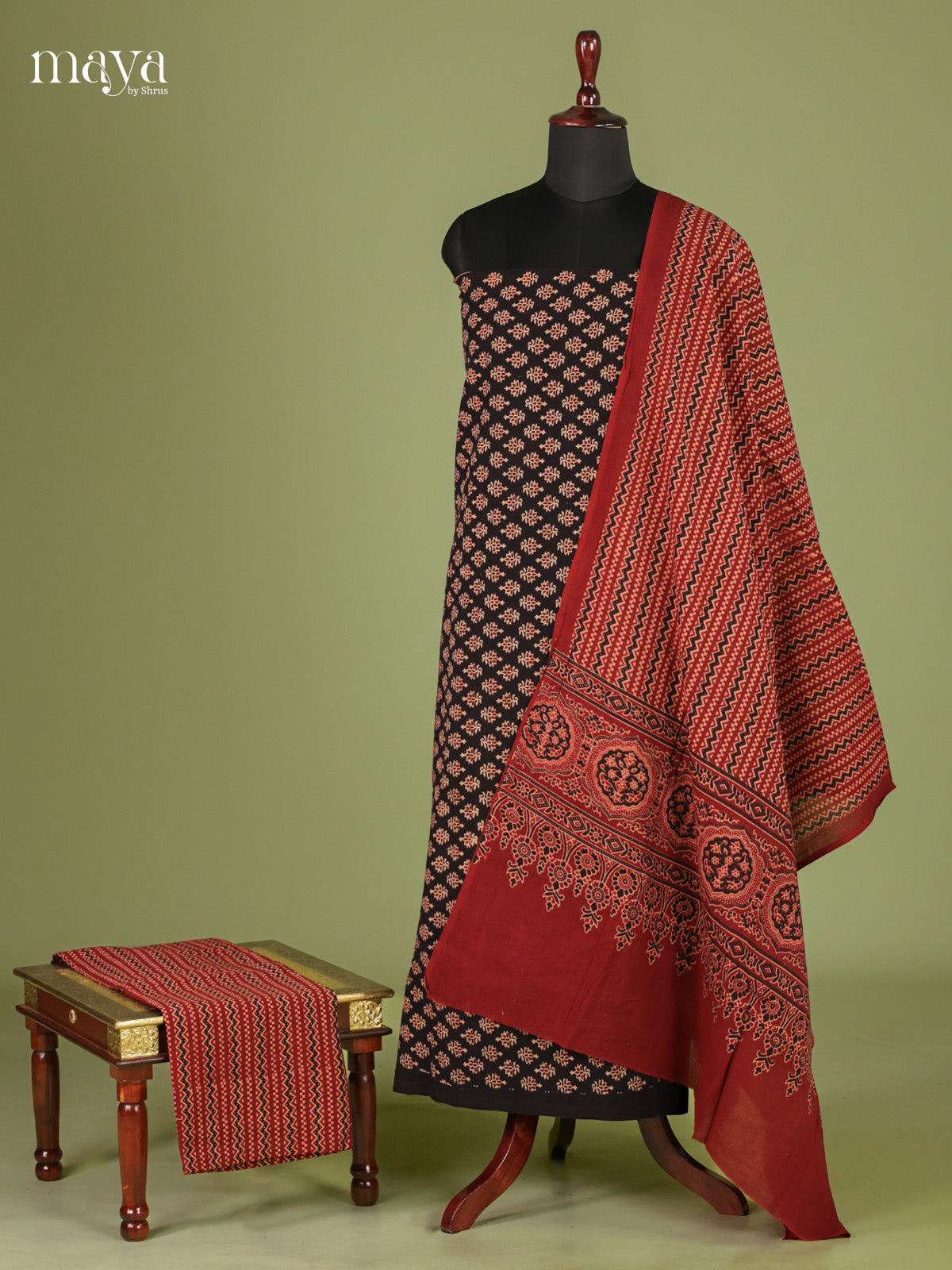 Beautiful Black & Red Unstitched Ajrakh Salwar with hand block floral prints