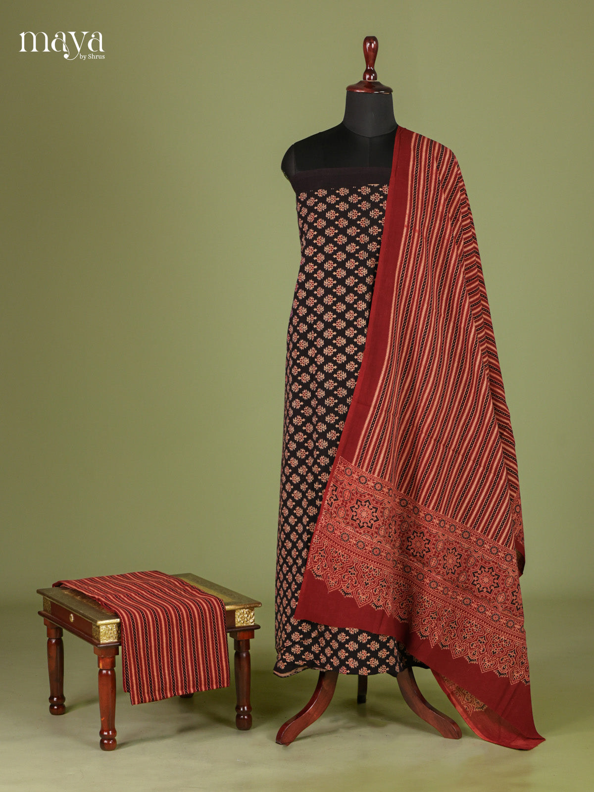 Elegant Black & Maroon Unstitched Ajrakh Salwar with floral block print
