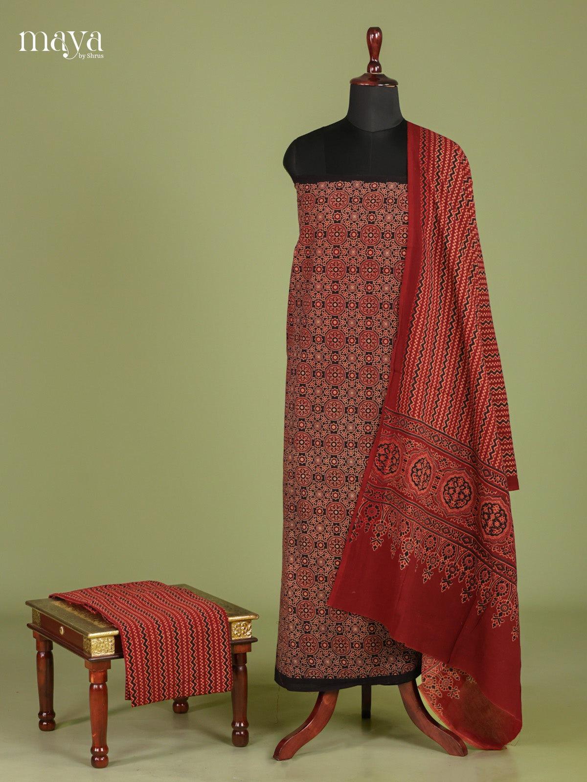 Beautiful Black & maroon Unstitched Ajrakh Salwar with floral block print
