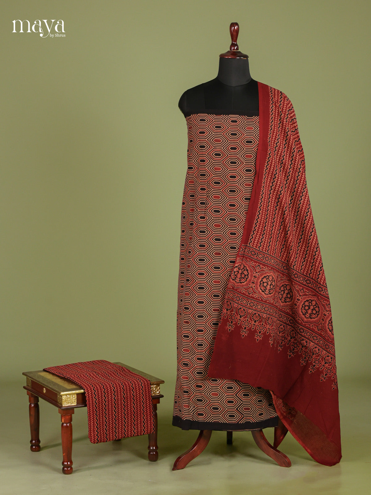 Pretty Maroon & Black Unstitched Ajrakh Salwar with geometric pattern