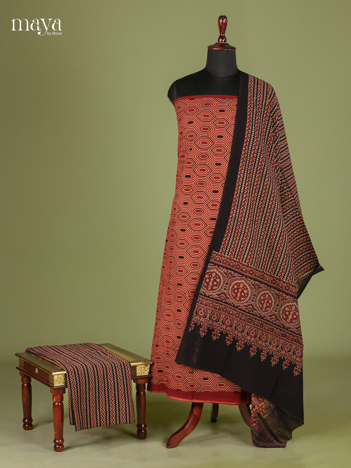 Classy Maroon & Black Unstitched Ajrakh Salwar with geometric pattern