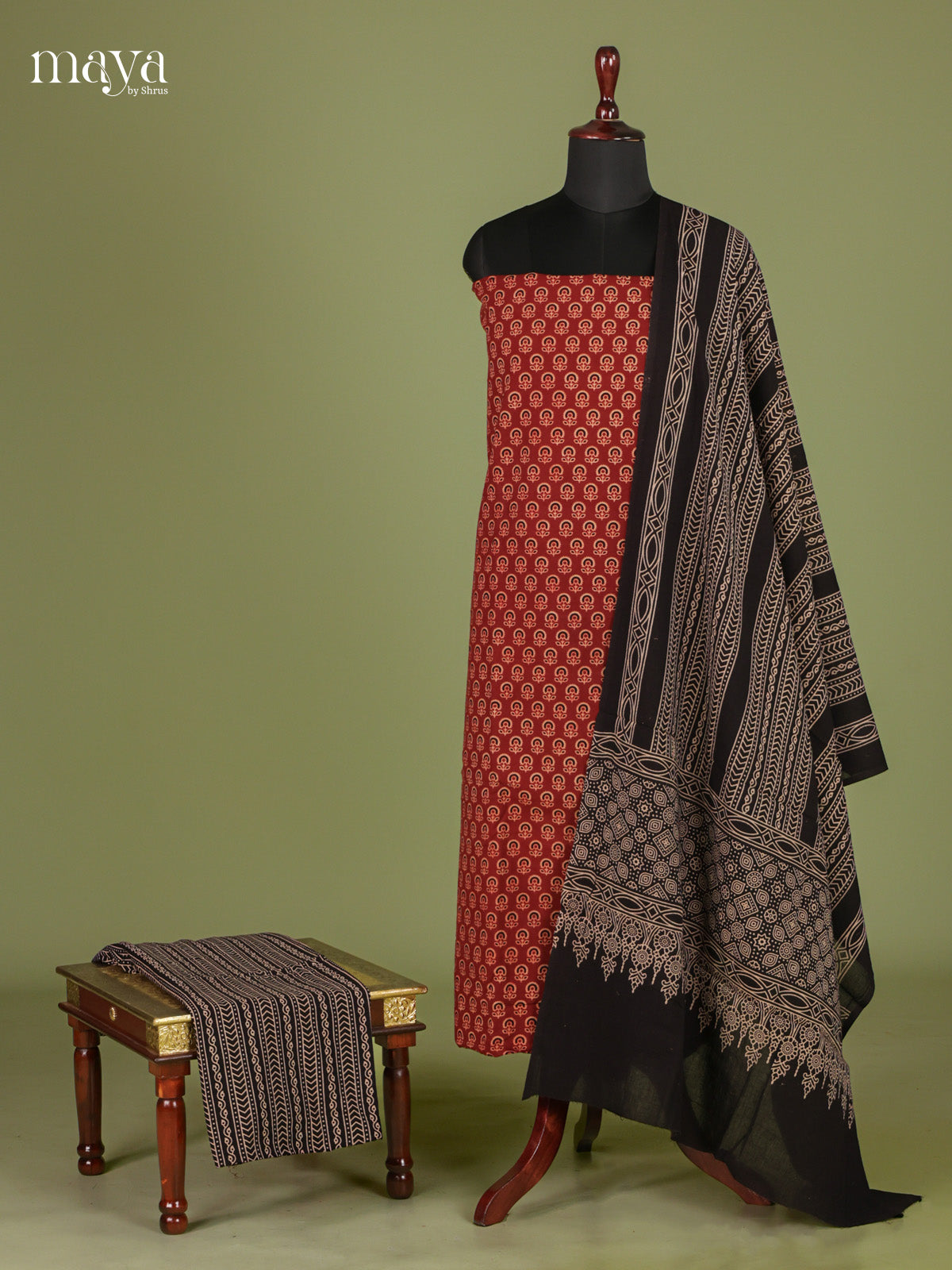 Bright Red & Black unstitched Ajrakh Salwar with floral block prints & dupatta