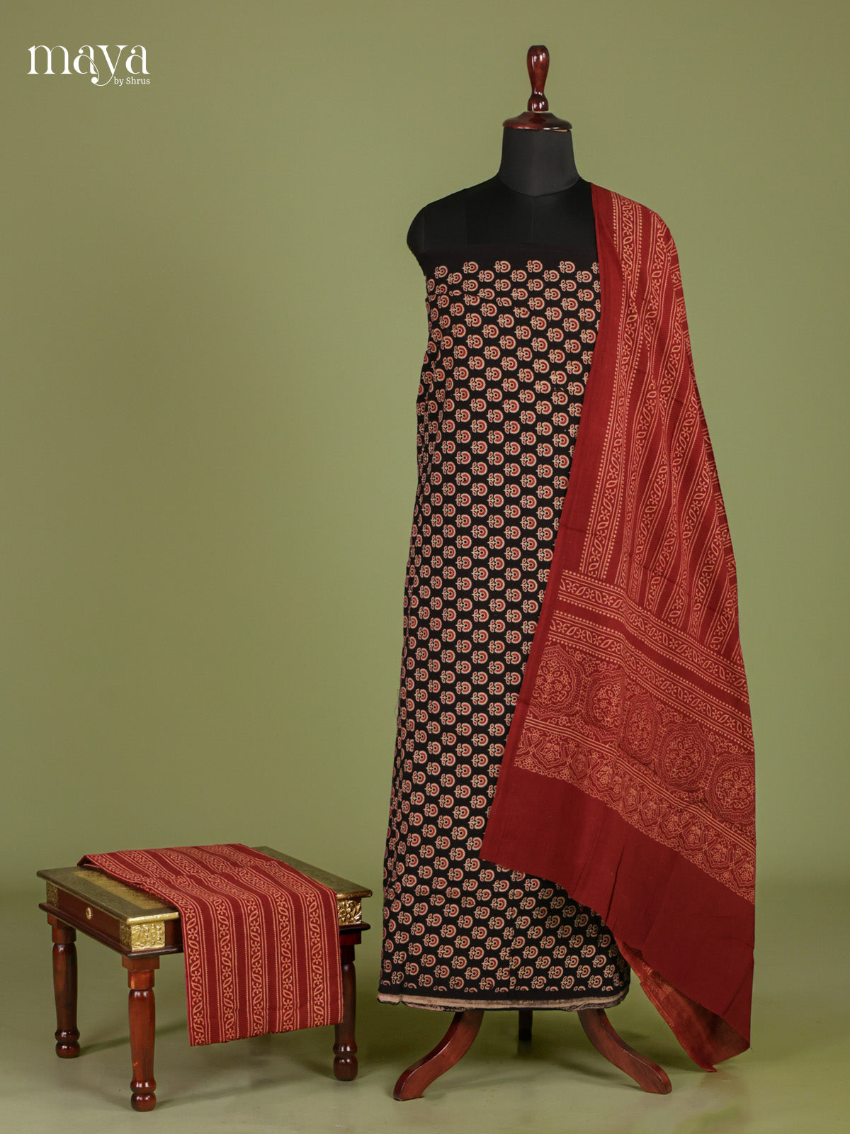 Pretty Black &  Red Unstitched Ajrakh Salwar with floral block prints