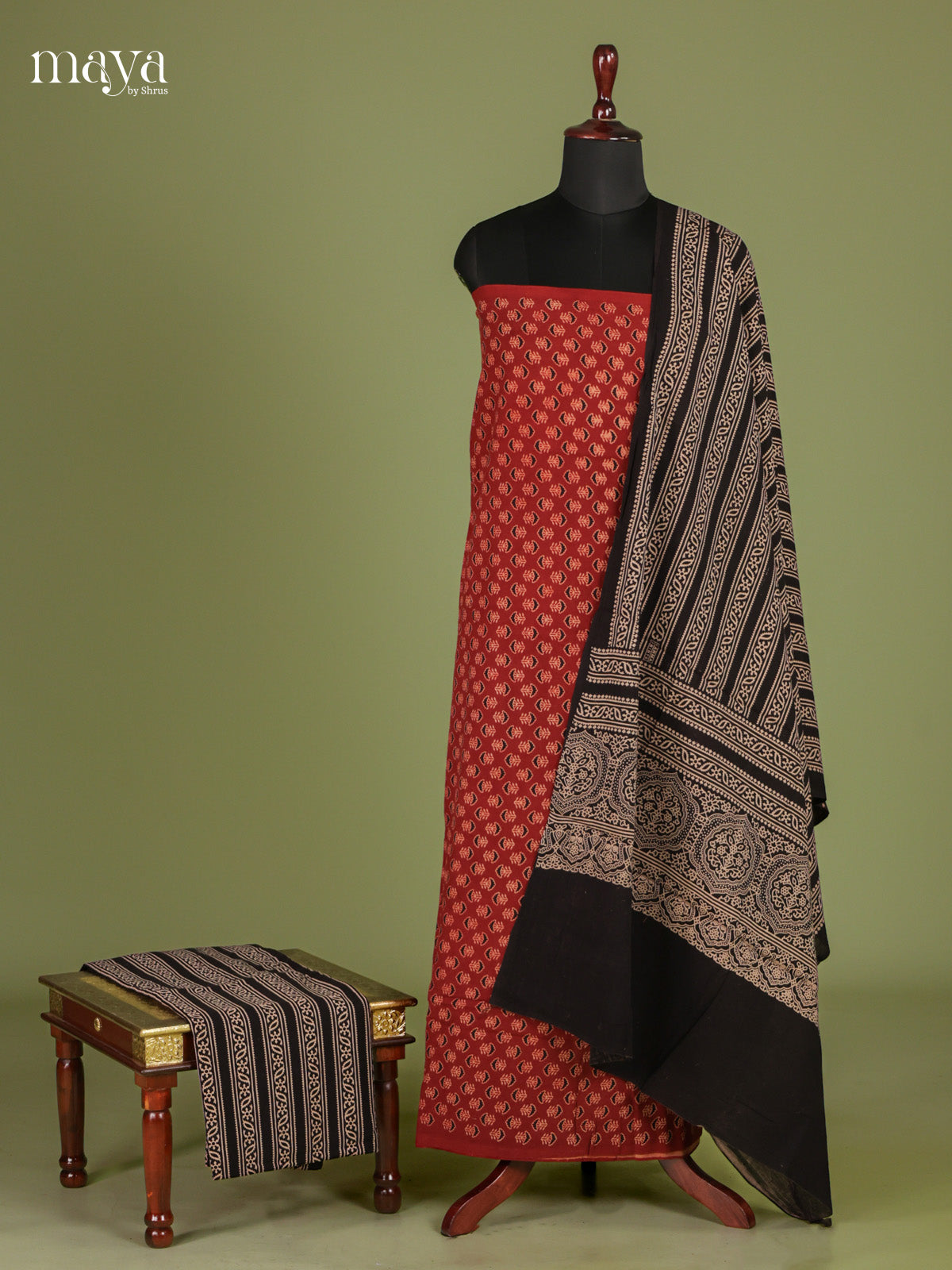 Elegant Red & Black Unstitched Ajrakh Salwar with floral block print & dupatta