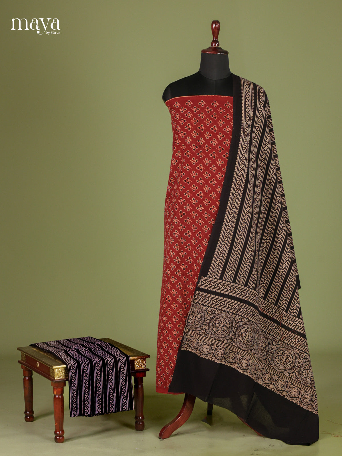Striking Red & Black Unstitched Ajrakh Salwar with floral block prints