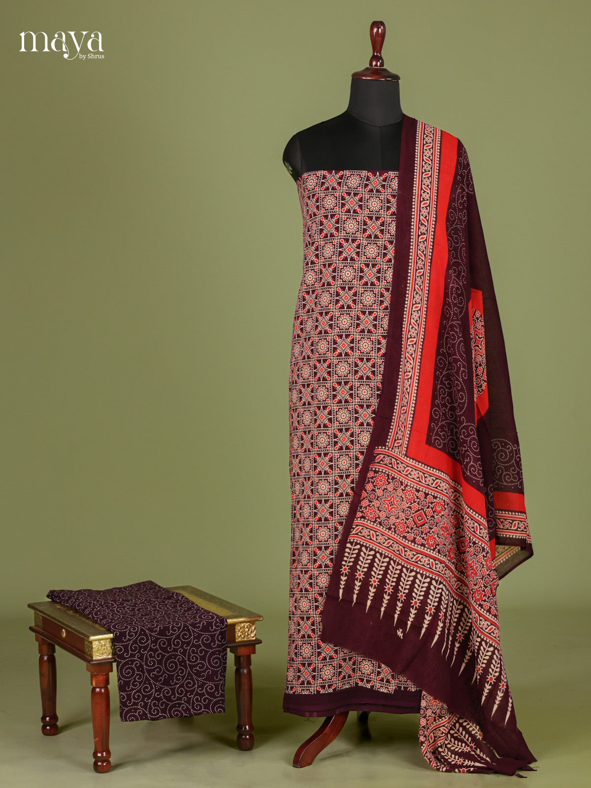 Classy Brown & Orange Unstitched Ajrakh Salwar with hand block floral print