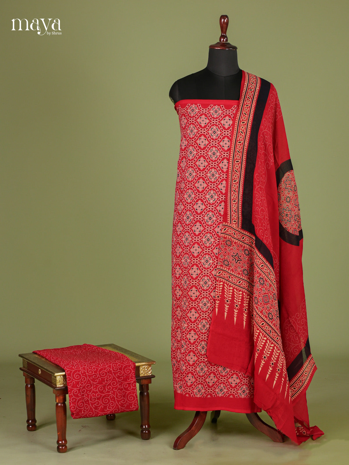 Bright Red Unstitched Ajrakh Salwar with floral block print