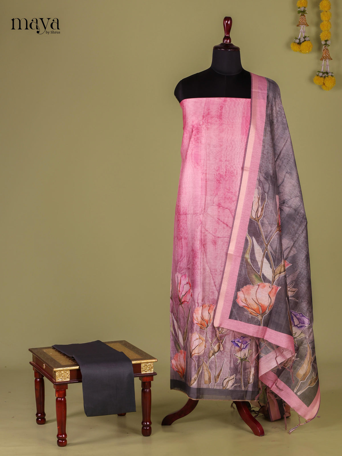 Pink & Black - Semi Tussar Salwar Unstitched
