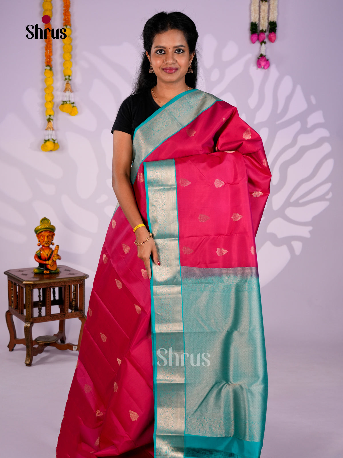 Buy Shimmery Magenta Pink Kanchipuram Silk Saree With Floral Motifs, Aqua Blue Border & Pallu