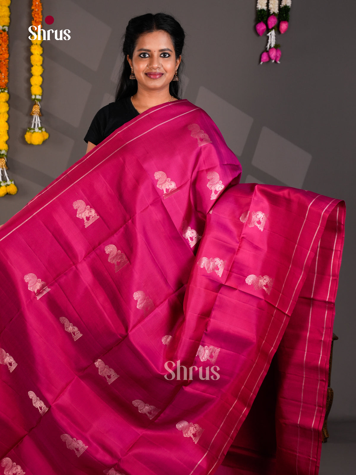 Buy Opulent Magenta Pure Soft Silk Saree with Silver Zari Yaali Motifs & Brocade Pallu
