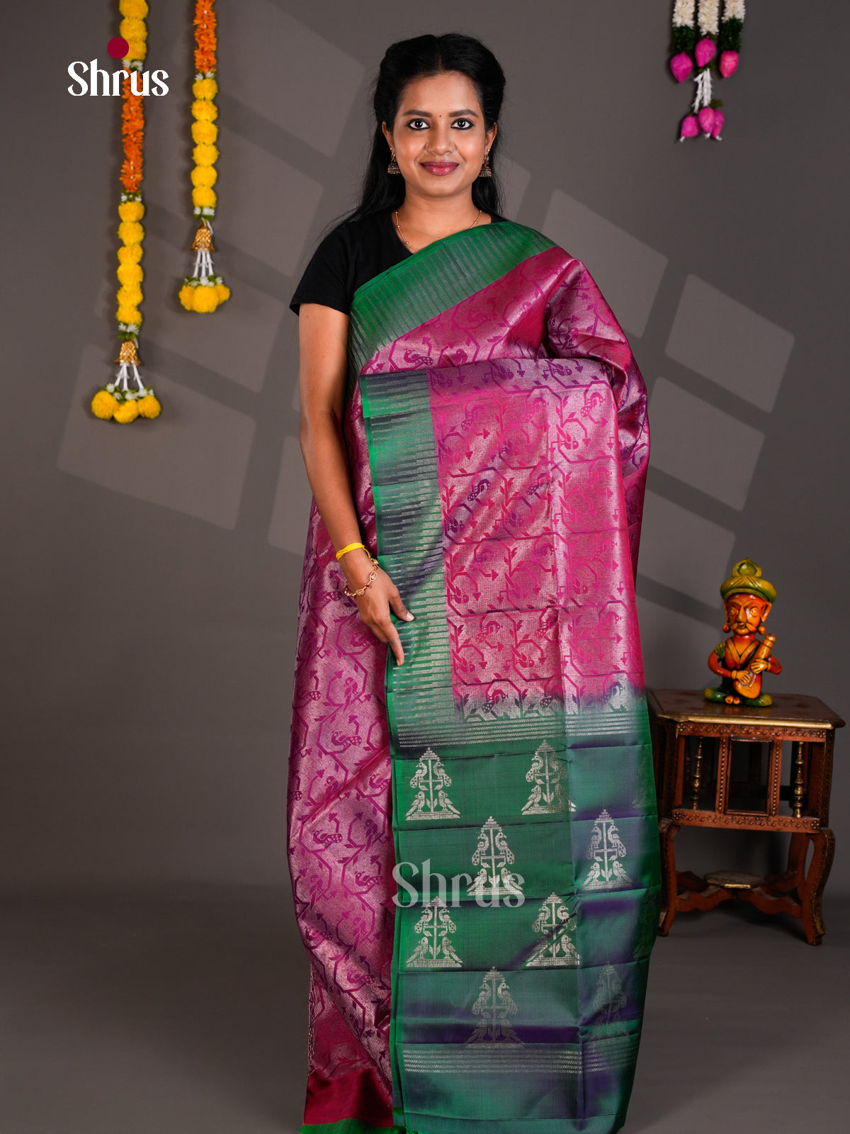 Buy Radiant Magenta Soft Silk Saree with Silver Zari Geometric Vines & Bottle Green Pallu