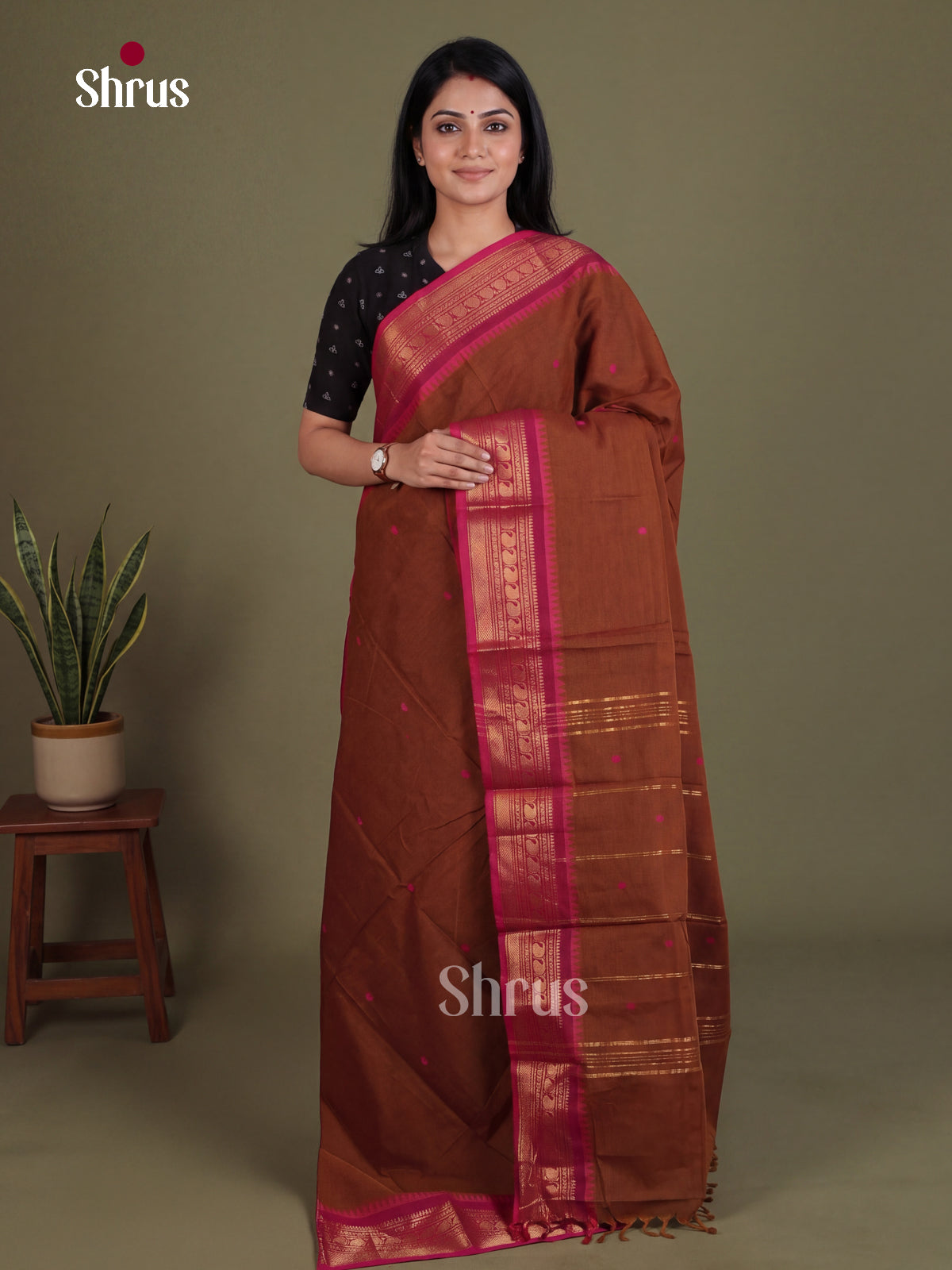 Majestic Brown Chettinad Cotton Saree With Thread Buttas & Pink Temple Zari Border