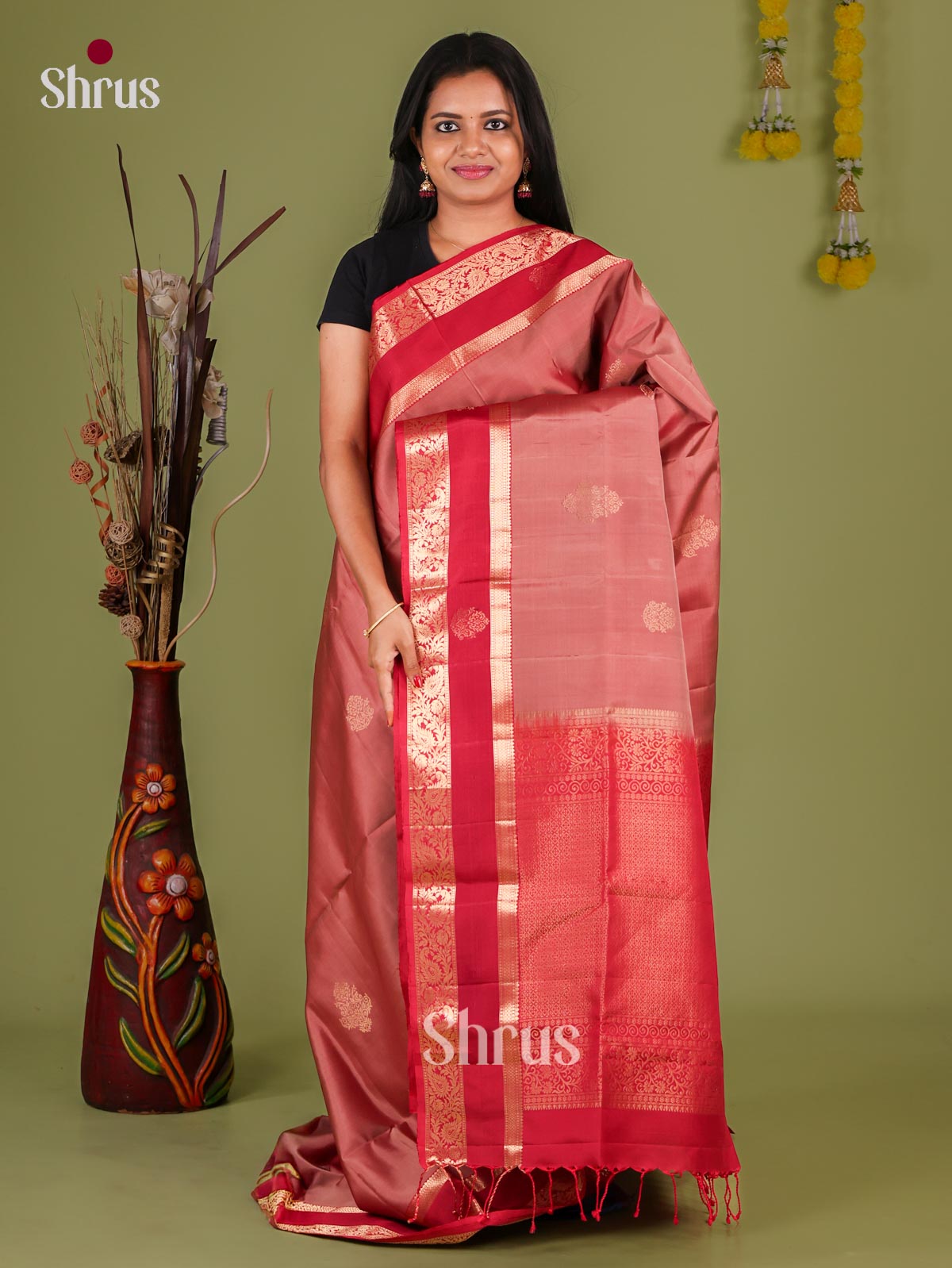 Majestic Dusty Rose Soft Silk Sarees with Paisley Motifs, Red Rettapet Zari Border & Zari Brocade Pallu