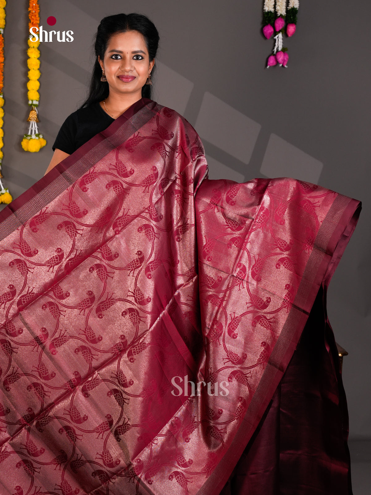 Buy Majestic Maroon Pure Soft Silk Saree with Parrot Motifs & Zari Brocade Pallu