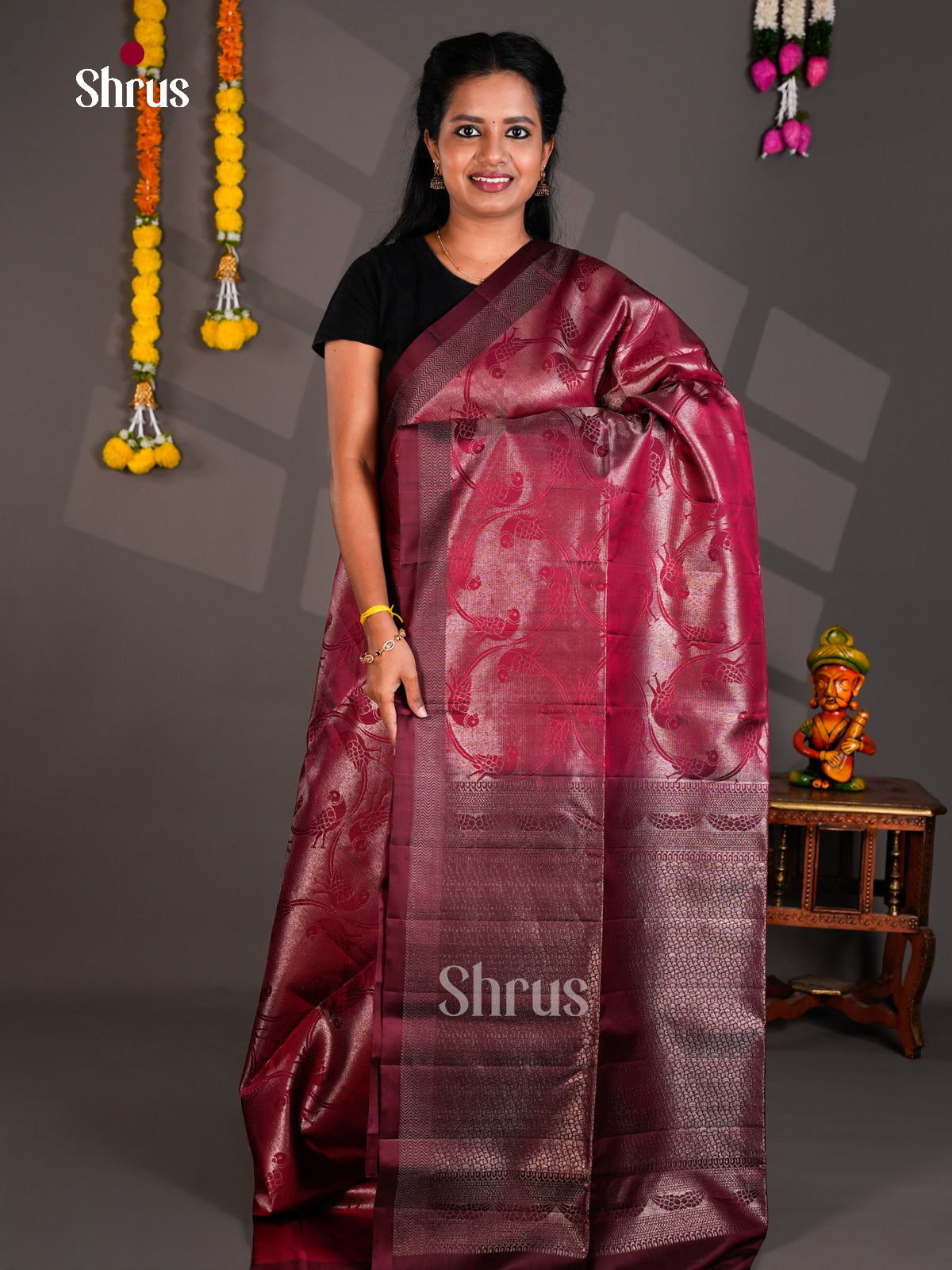 Buy Majestic Maroon Soft Silk Saree with Parrot Motifs & Zari Brocade Pallu