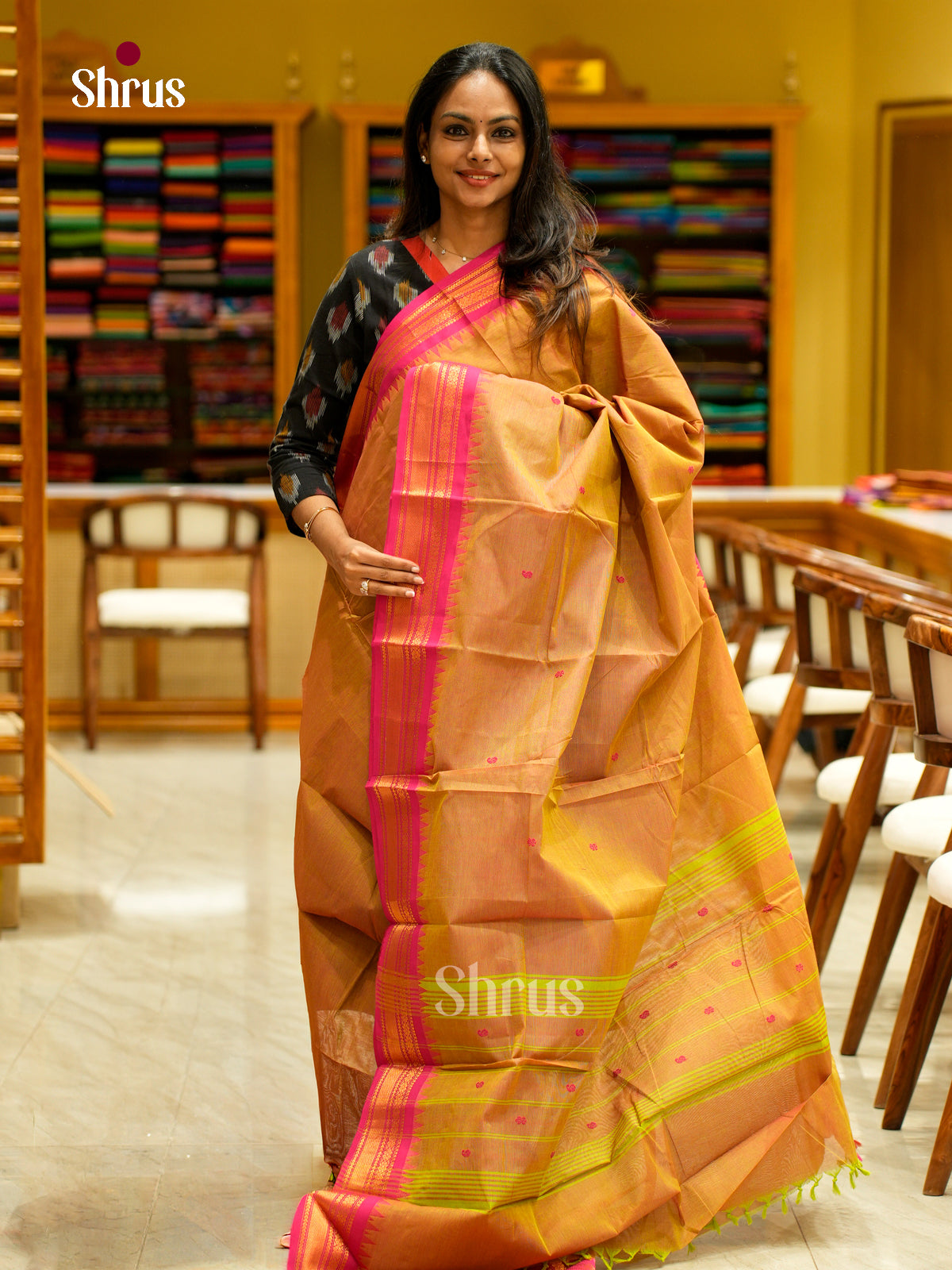 Majestic Mustard Chettinad Cotton Saree With Thread Buttas & Pink Temple Zari Border