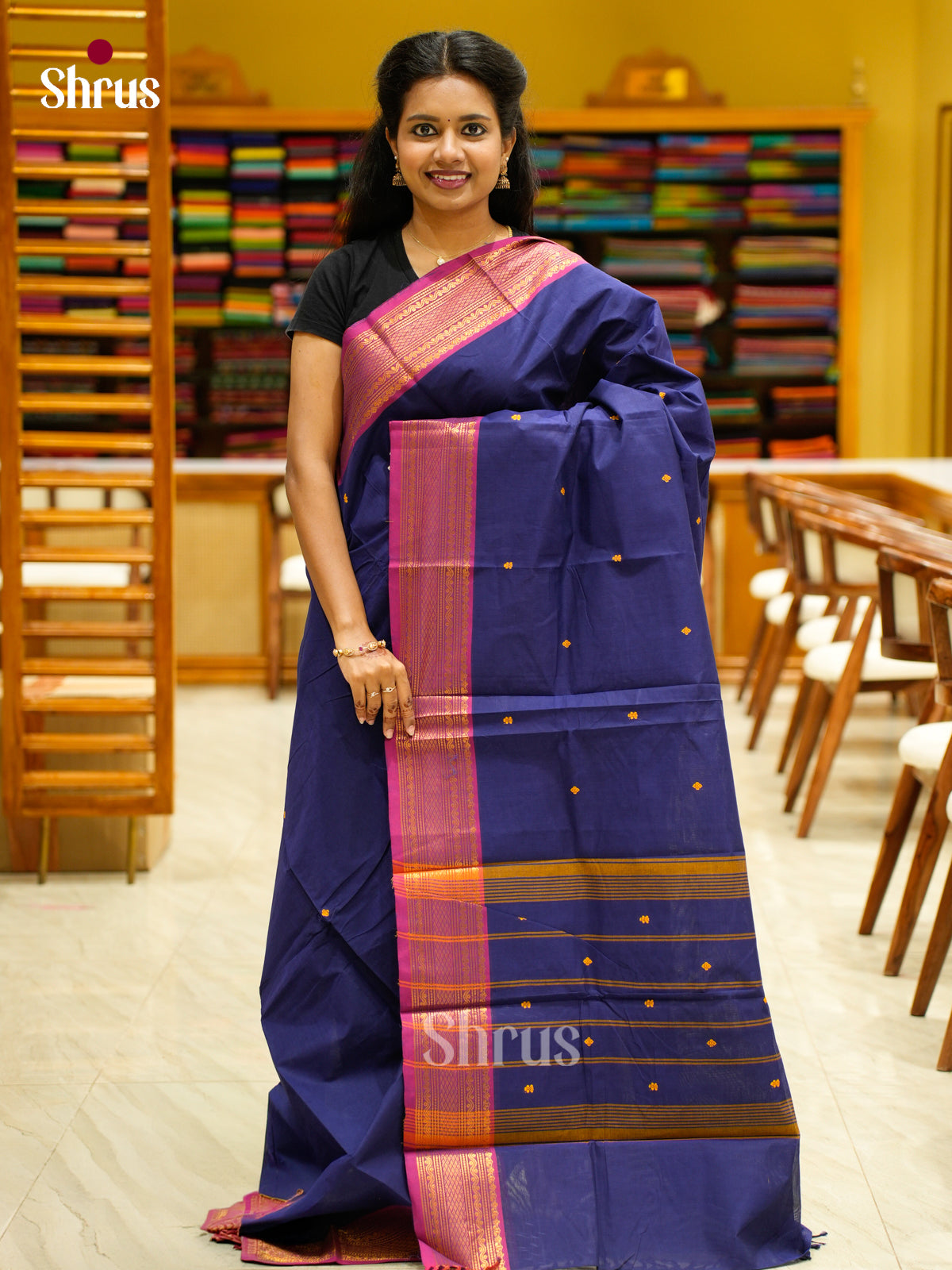 Majestic Navy Blue Chettinad Cotton Saree With Thread Buttas & Pink Zari Border