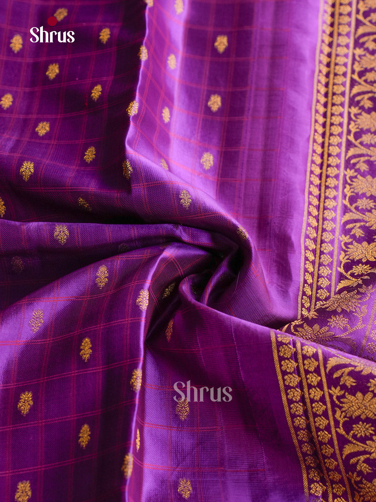 Majestic Purple Pattu Saree With Checks, Thread Buttas & Self Border With Floral Vines