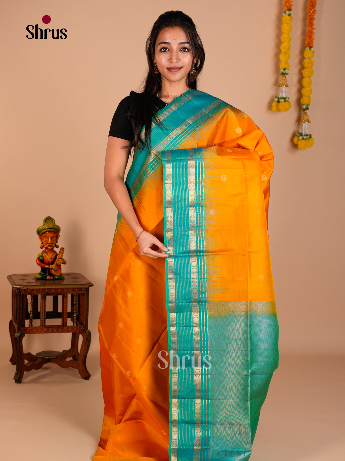 Buy Opulent Mambazha Yellow Soft Silk Saree with Zari Buttas & Teal Rettaipet Zari Border