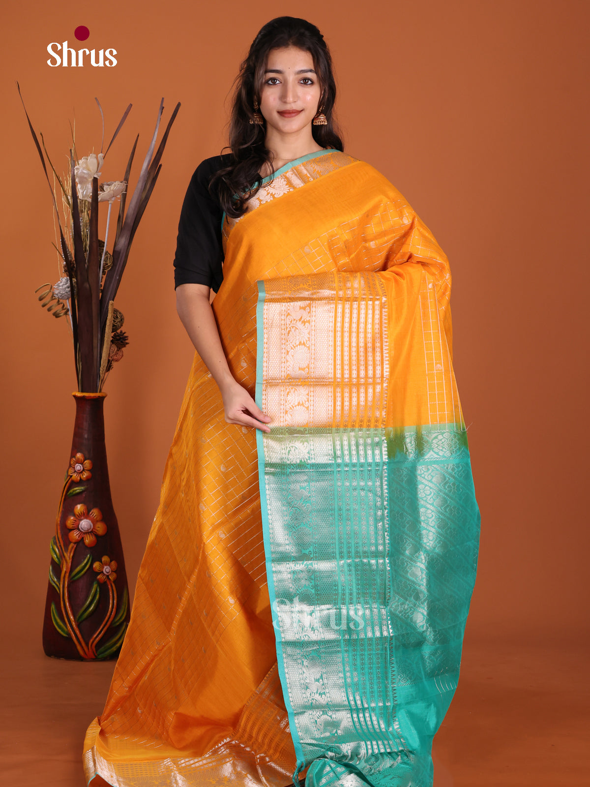 Buy Lustrous Mango Yellow Silk Cotton Saree with Gold Checks, Buttas & Sea Blue Brocade Pallu
