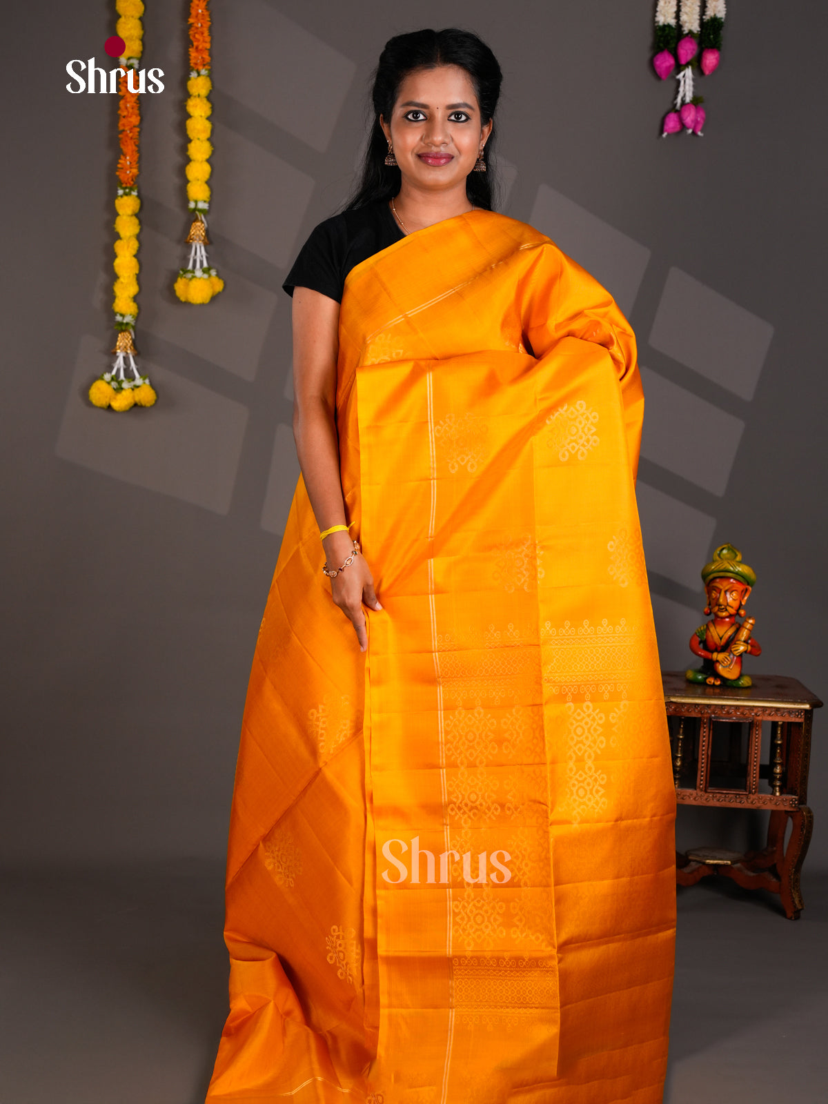 Buy Warm Mango Yellow Soft Silk Saree With Zari Buttas, Plain Border & Intricately Woven Kolam Pallu