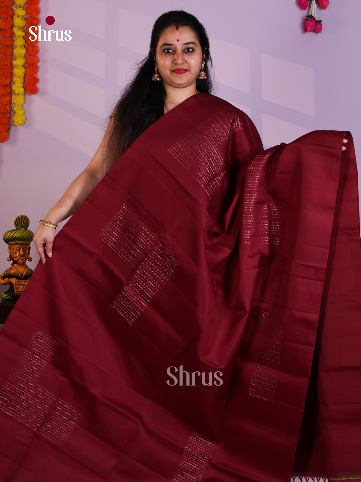 Buy Classy Maroon Borderless Pure Soft Silk Saree with Zari Stripes Pattern & Brocade Pallu 