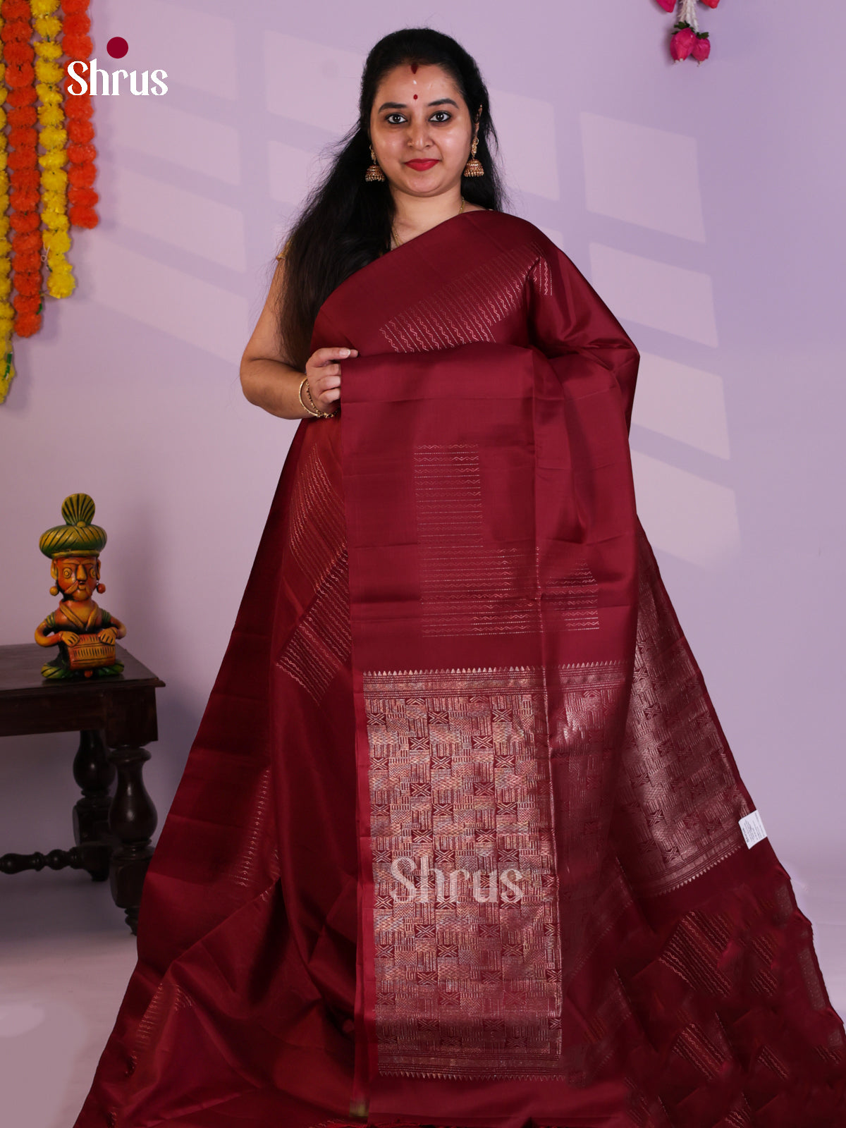 Buy Classy Maroon Borderless Soft Silk Saree with Zari Stripes Pattern & Brocade Pallu 