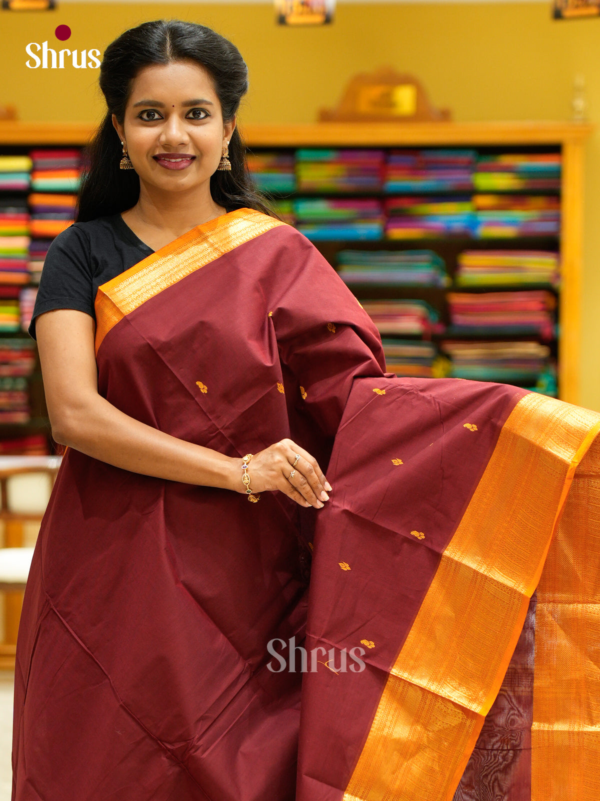 Timeless Maroon Chettinad Cotton Sarees With Thread Buttas & Mustard Zari Border