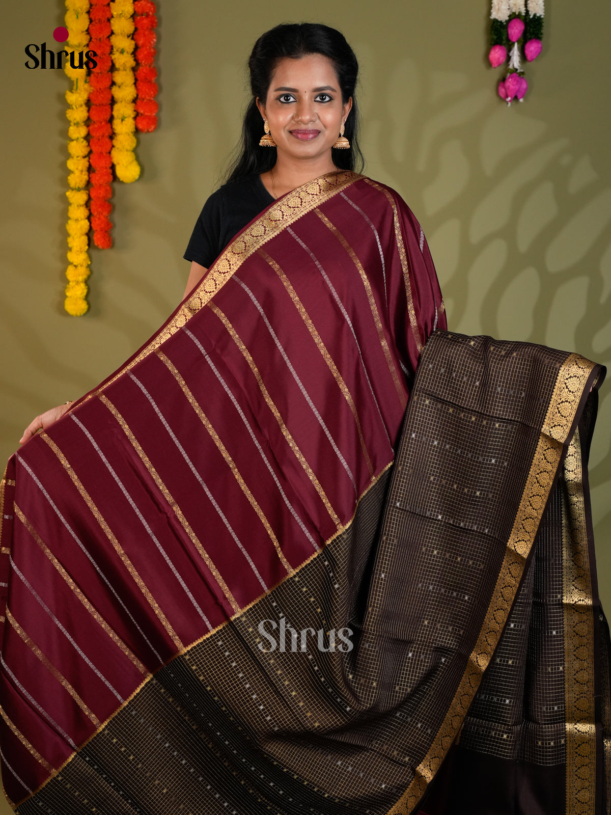 Buy Elegant Maroon Half & Half Mysore Crepe Silk Saree with Gold Stripes, Black Checks & Zari Pallu