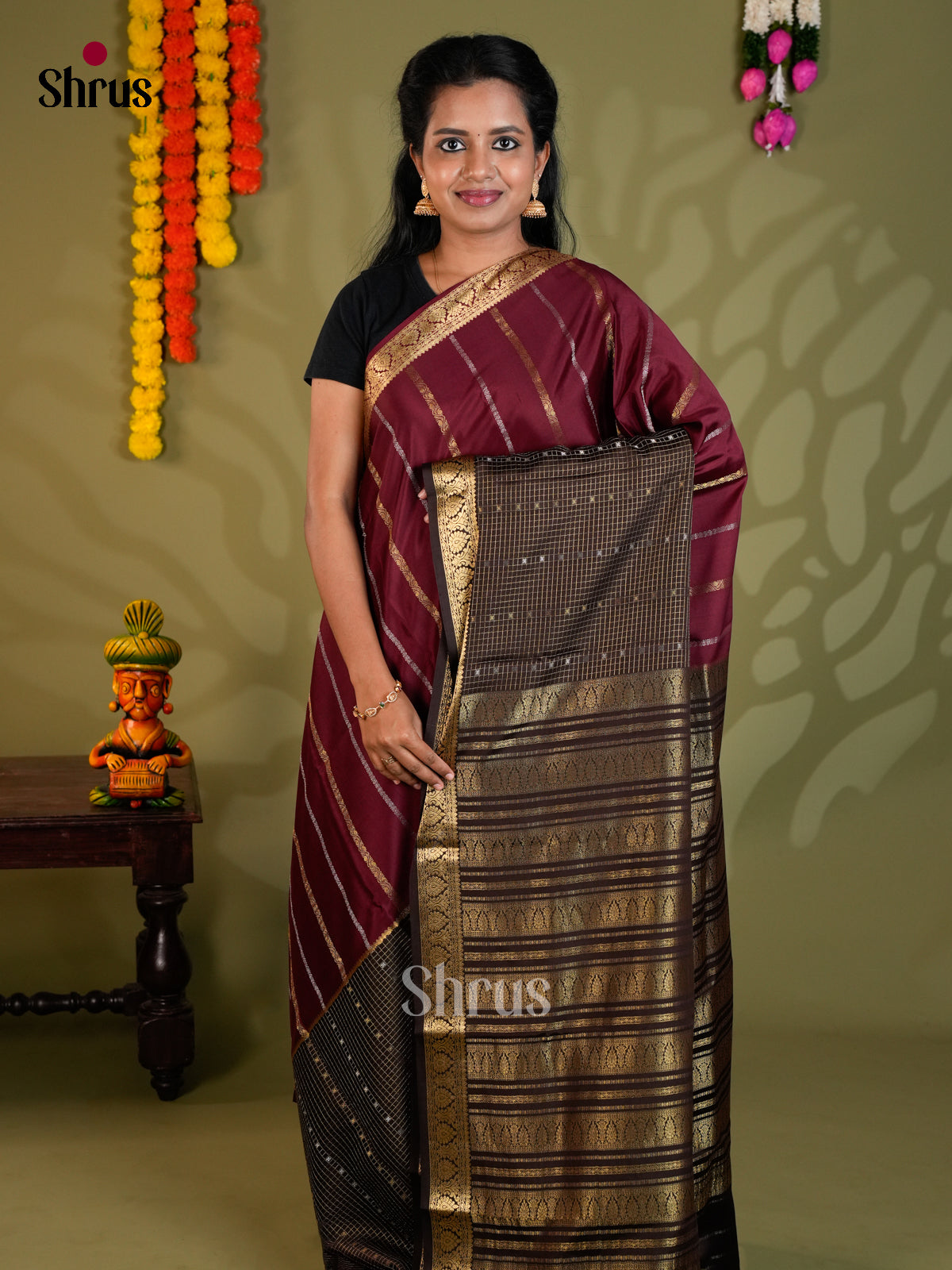 Buy Elegant Maroon Half & Half Mysore Silk Saree with Gold Stripes, Black Checks & Zari Pallu