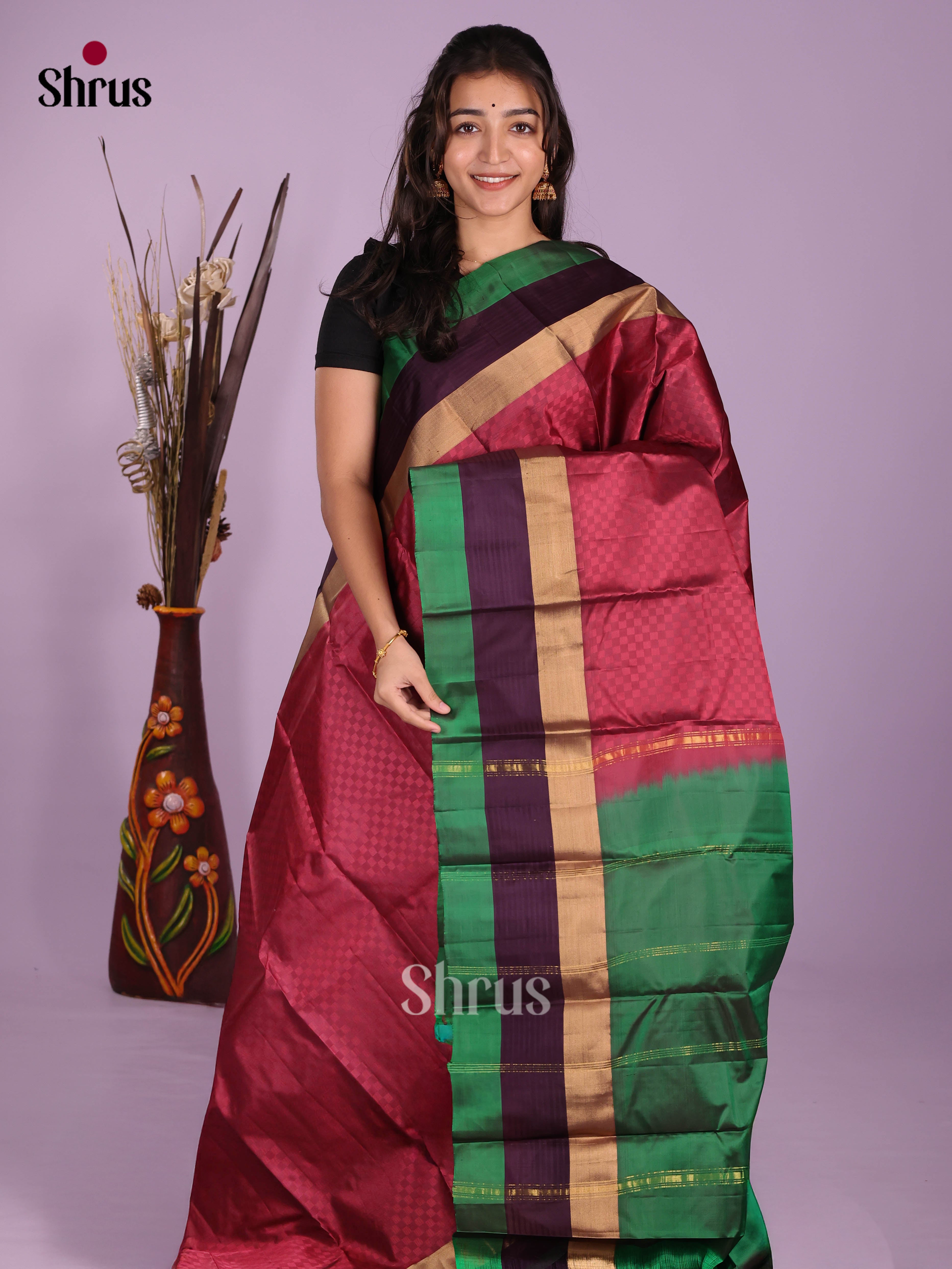 Buy Classy Maroon Kanchipuram Saree with Jacquard Patterns, Contrast Border & Green Pallu