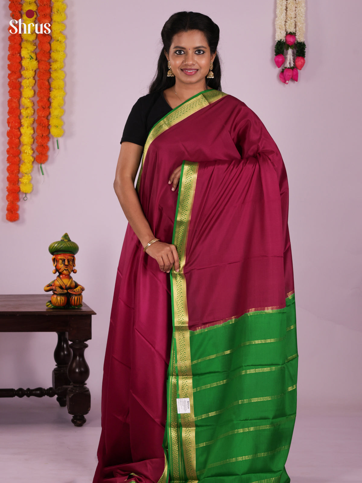 Classic Maroon Mysore Silk Saree With Plain Body, Green Small Zari Border & Chit Pallu