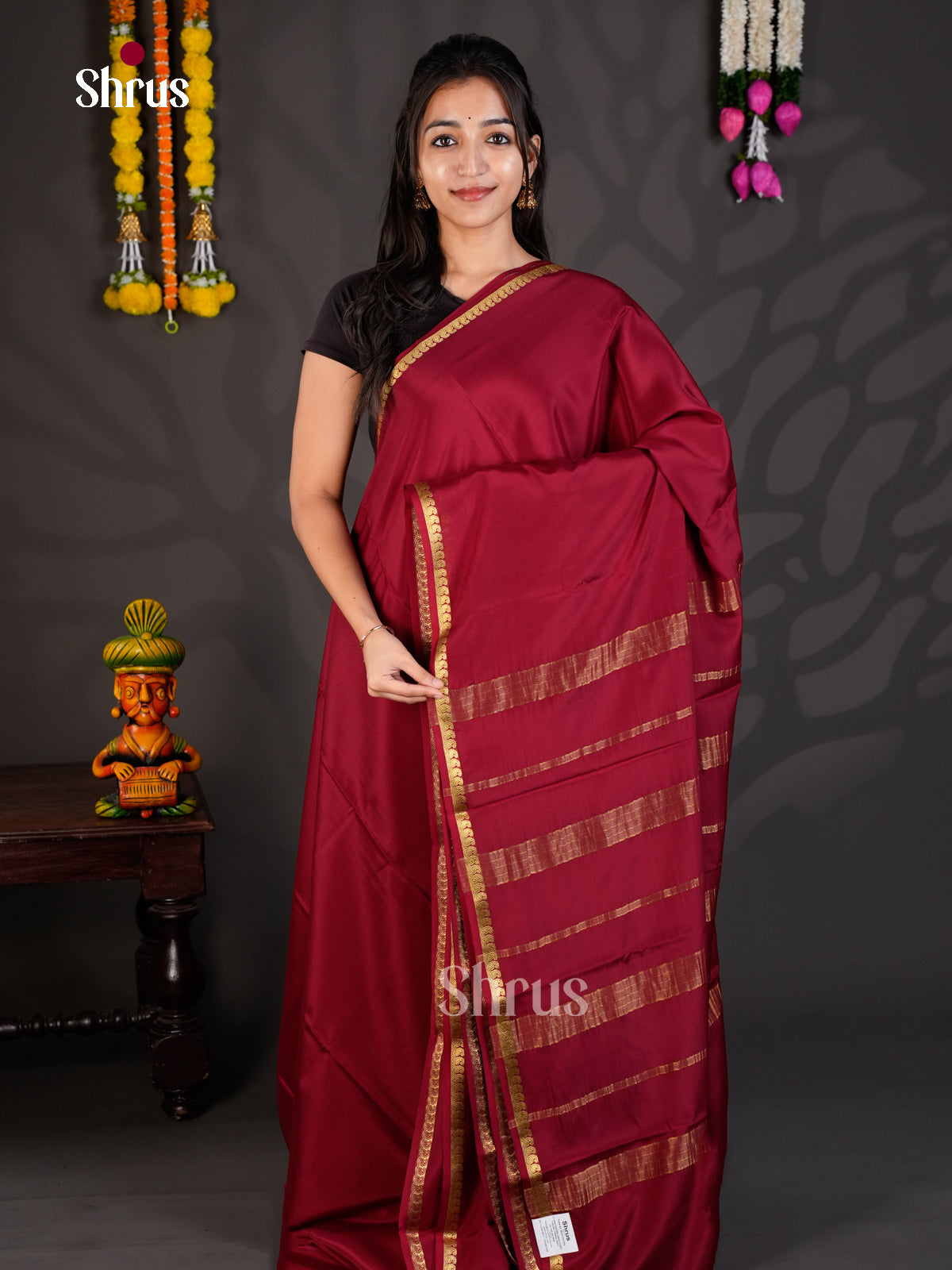 Buy Pretty Maroon Mysore Silk Saree With Zari Border With Mango Motifs & Chit Pallu