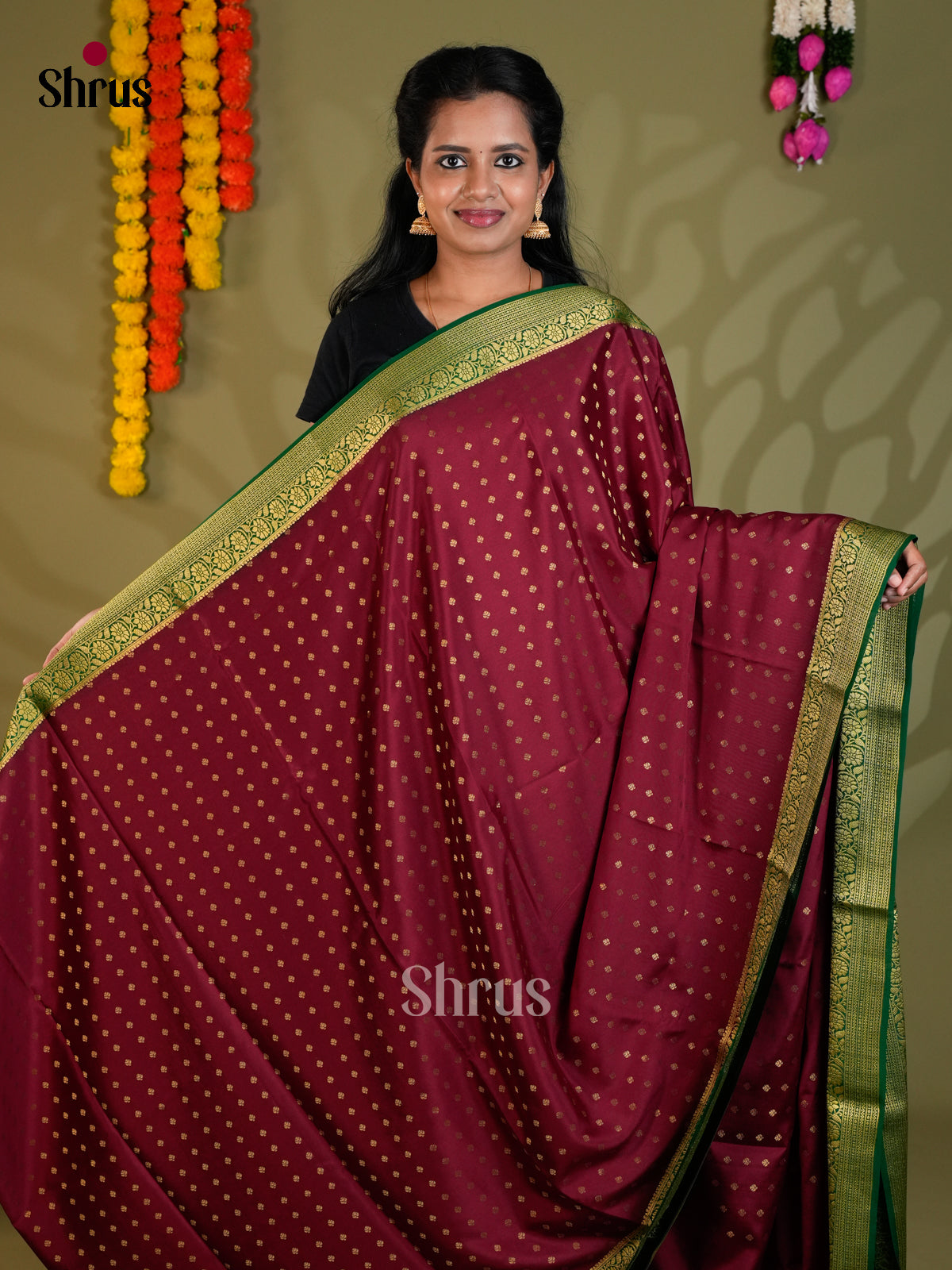 Buy Classic Maroon Mysore Silk Sarees with Gold Zari Buttas, Green Border & Traditional Striped Pallu
