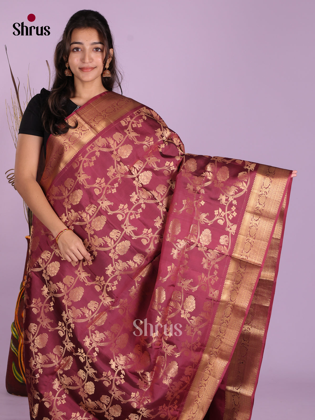 Buy Classic Maroon Pure Soft Silk Saree With Golden Floral Vines, Elephant Motifs, Zari Border & Pallu