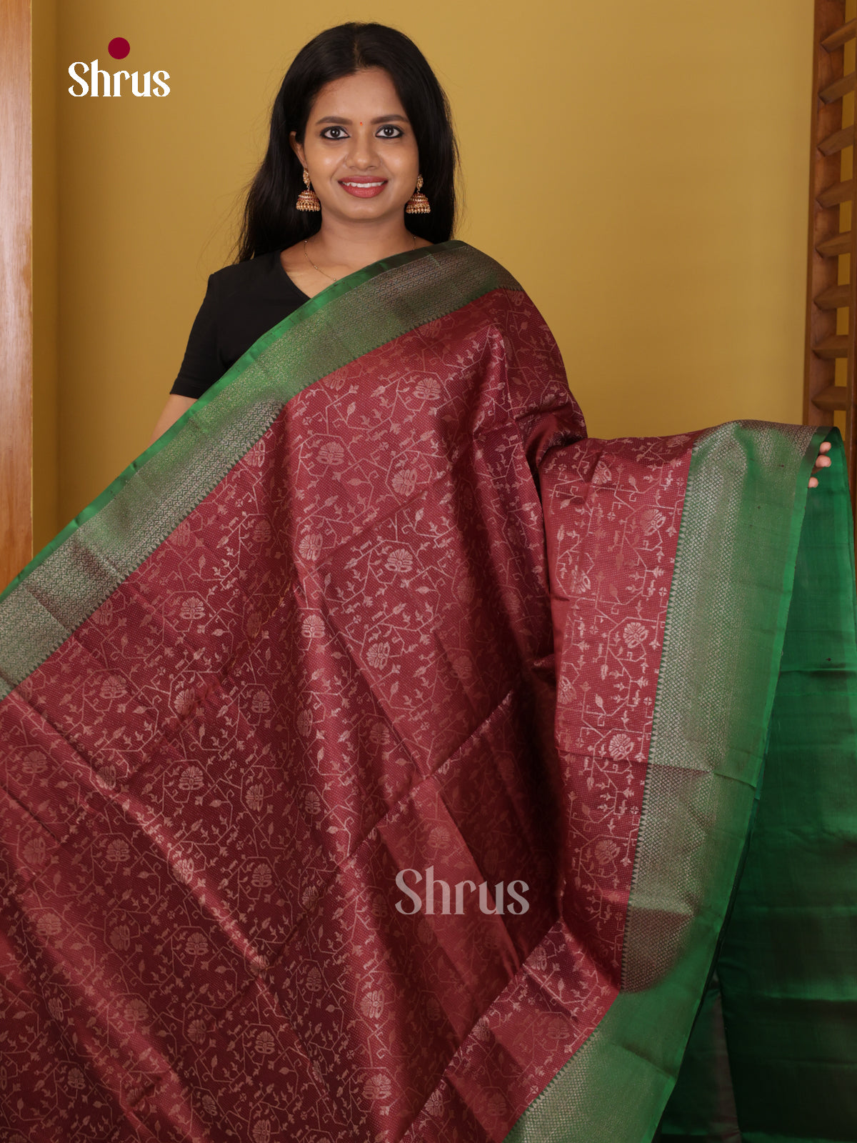 Buy Classy Maroon Pure Soft Silk Saree With Silver Floral Vines & Green Brocade Border & Pallu