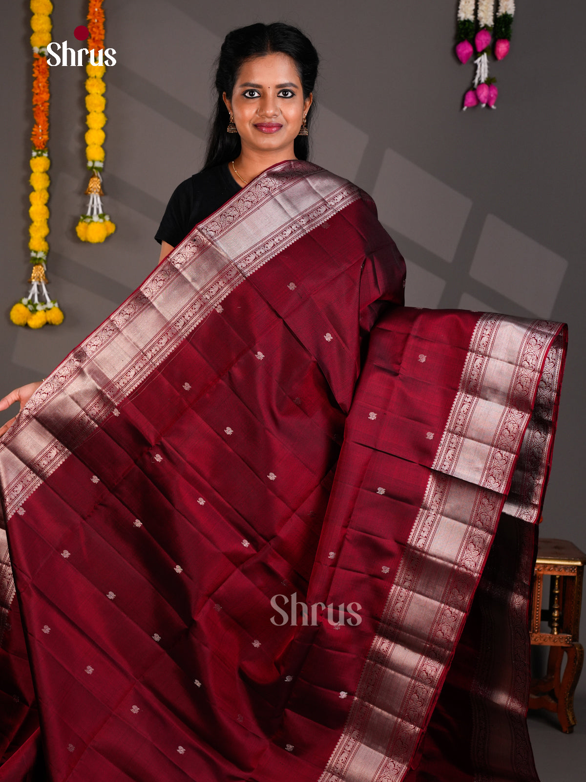 Buy Dazzling Maroon Pure Soft Silk Saree With Silver Peacock Buttas, Zari Border & Pallu 