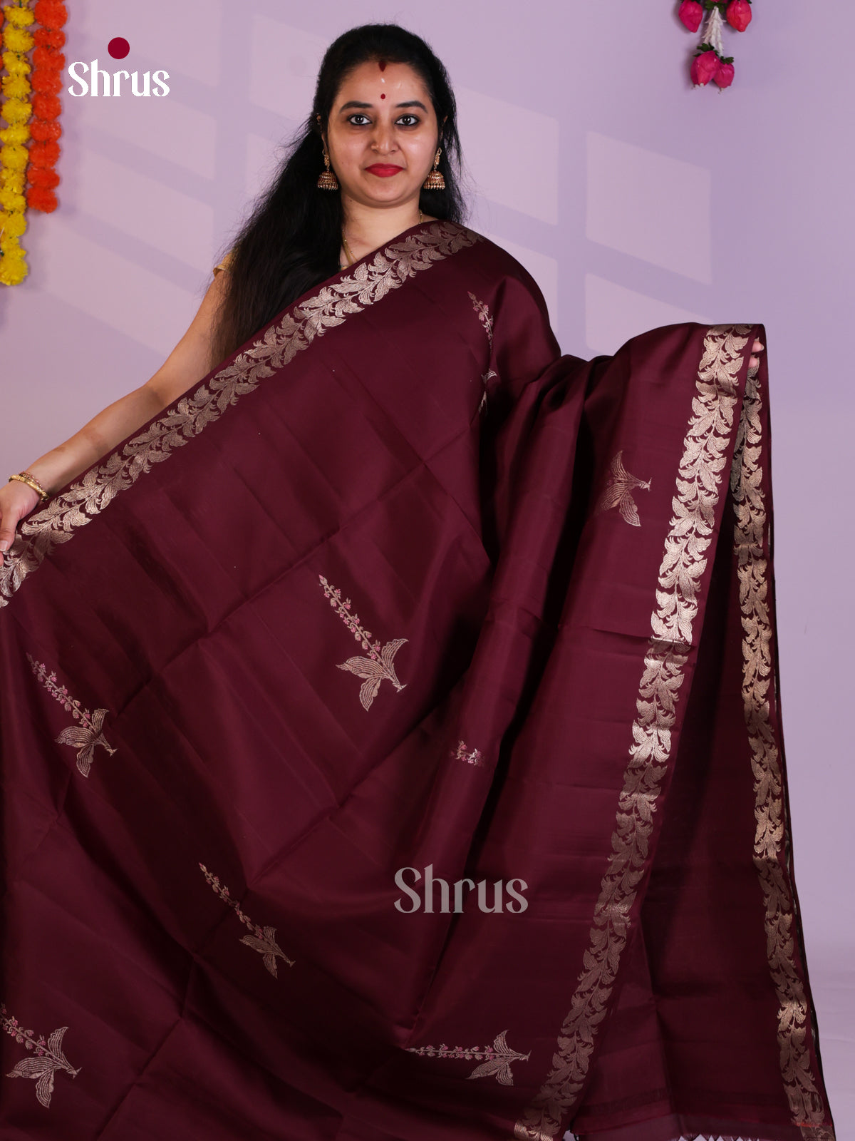 Buy Chic Maroon Pure Soft Silk Saree with Floral Motifs & Zari Woven Border & Pallu With Leaf Vines